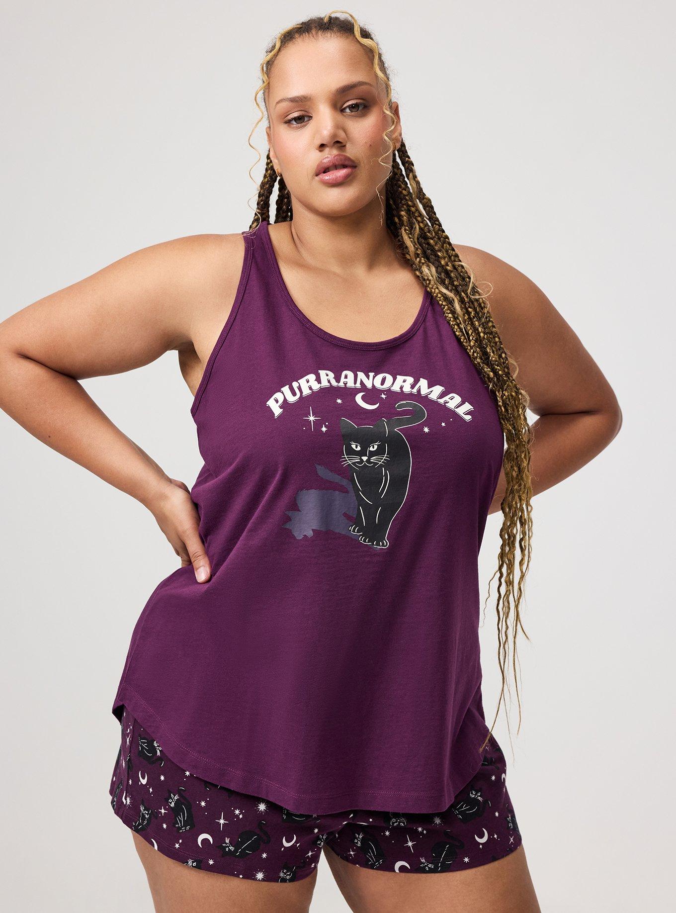 Cotton Racerback Sleep Tank, PURRANORMAL CAT PURPLE, hi-res