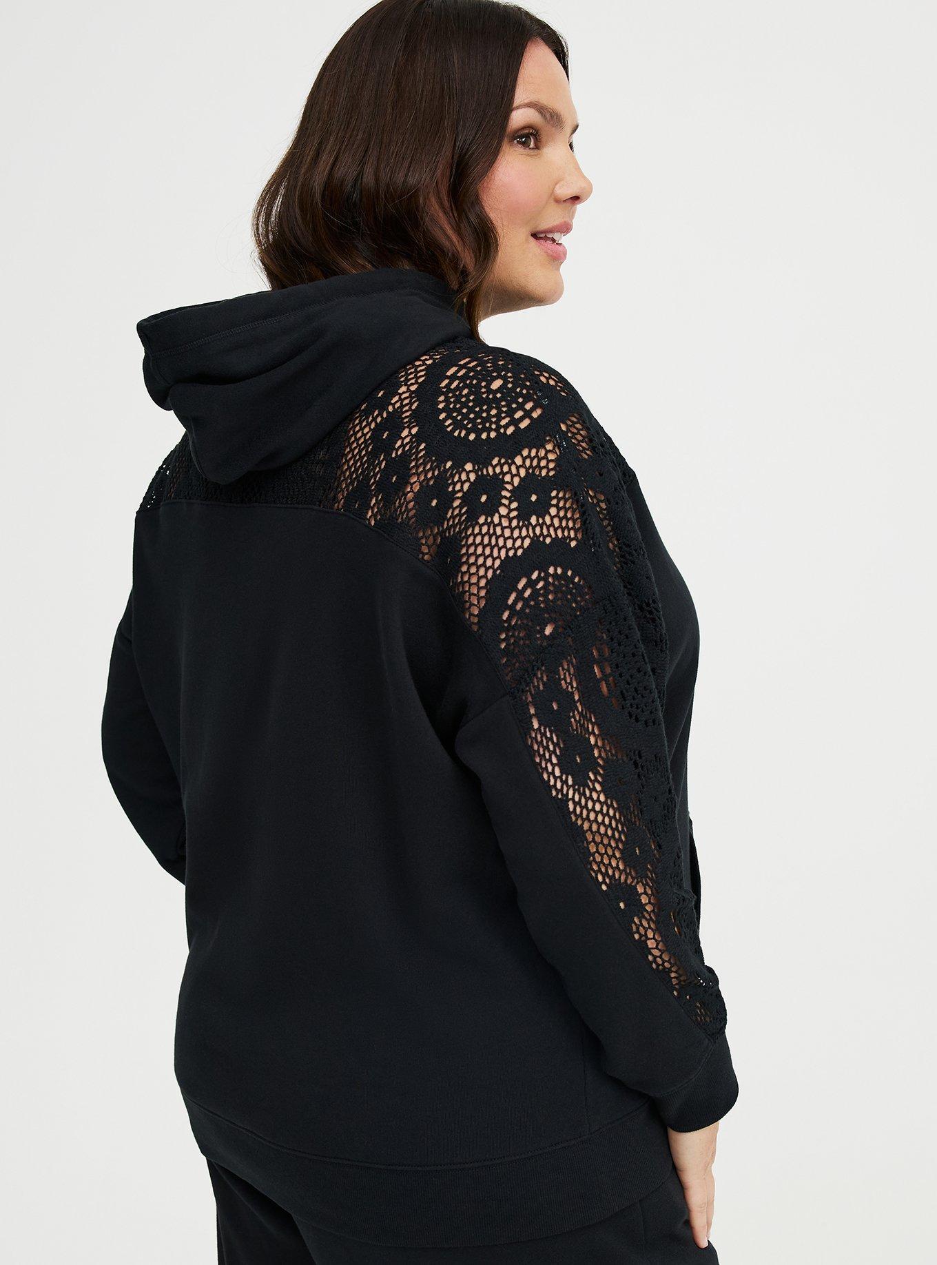 Cozy Fleece Relaxed Crochet Yoke Hoodie, DEEP BLACK, alternate