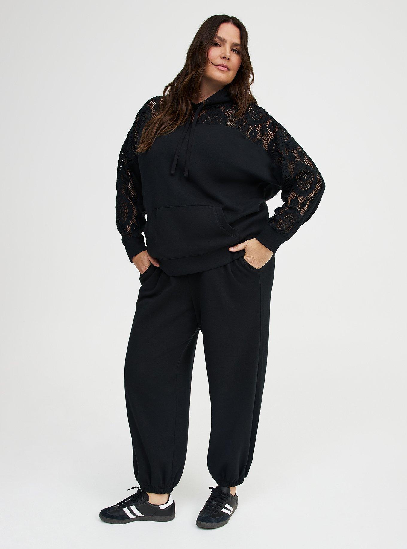 Cozy Fleece Relaxed Crochet Yoke Hoodie, DEEP BLACK, alternate