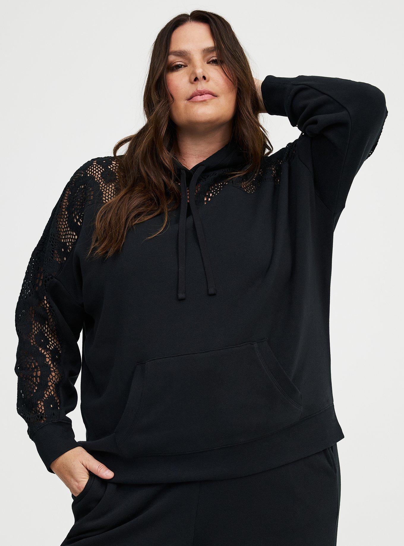 Cozy Fleece Relaxed Crochet Yoke Hoodie, DEEP BLACK, alternate