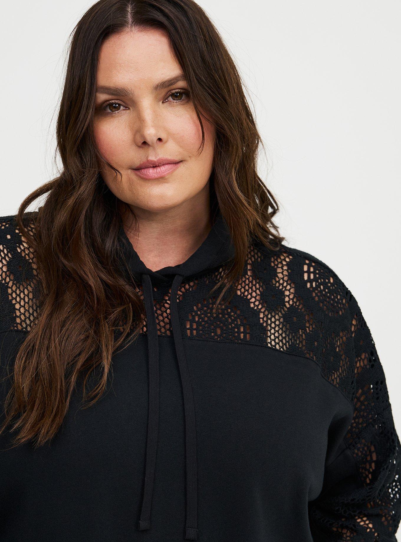 Cozy Fleece Relaxed Crochet Yoke Hoodie, DEEP BLACK, alternate