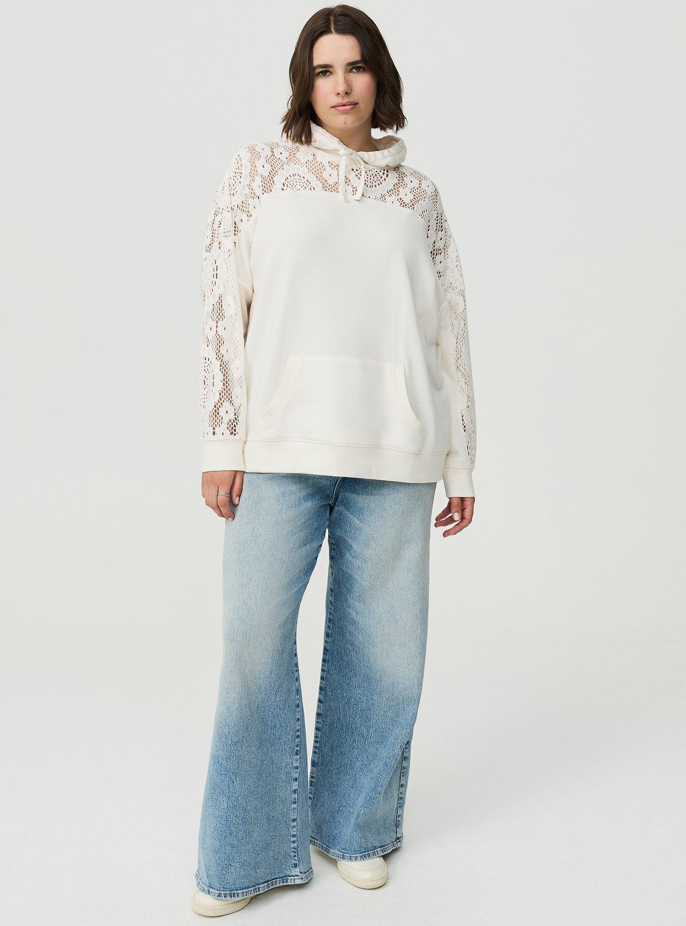 Cozy Fleece Relaxed Crochet Yoke Hoodie, WHISPER WHITE, alternate