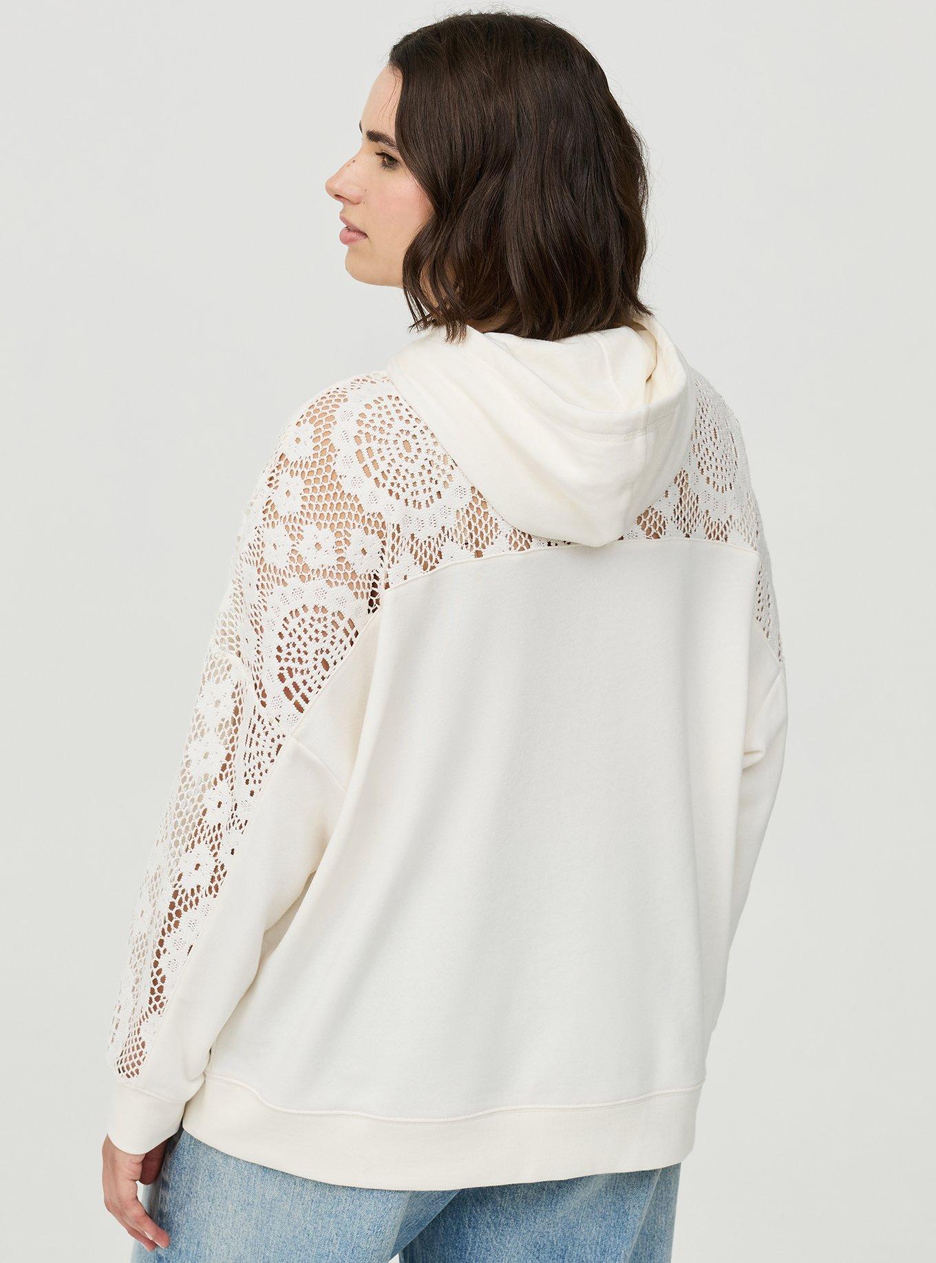 Cozy Fleece Relaxed Crochet Yoke Hoodie, WHISPER WHITE, alternate