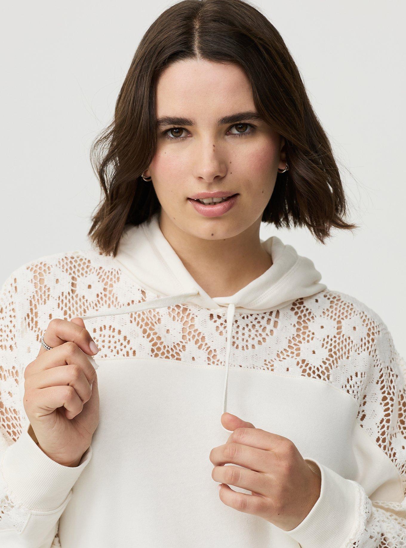 Cozy Fleece Relaxed Crochet Yoke Hoodie, WHISPER WHITE, alternate