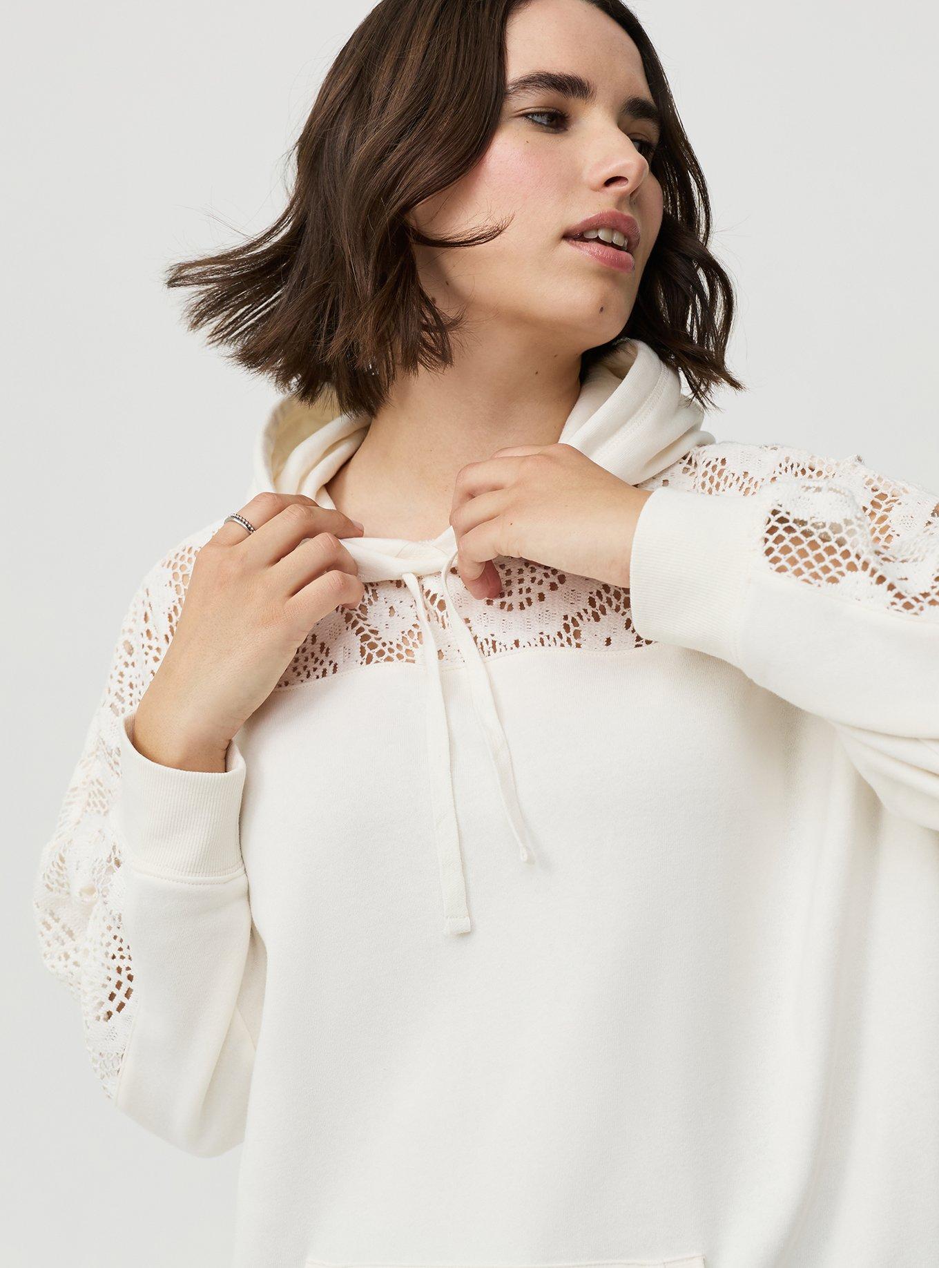 Cozy Fleece Relaxed Crochet Yoke Hoodie, WHISPER WHITE, alternate