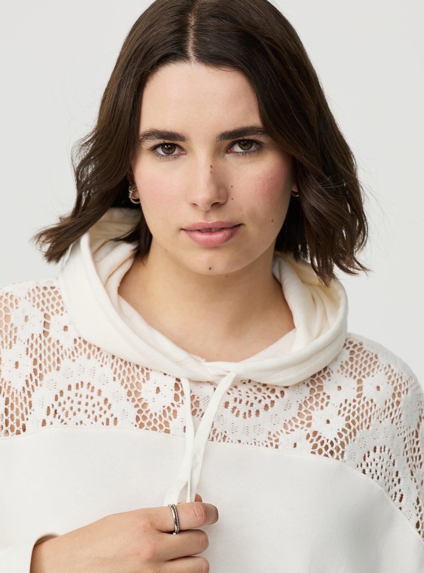 Cozy Fleece Relaxed Crochet Yoke Hoodie, WHISPER WHITE, alternate