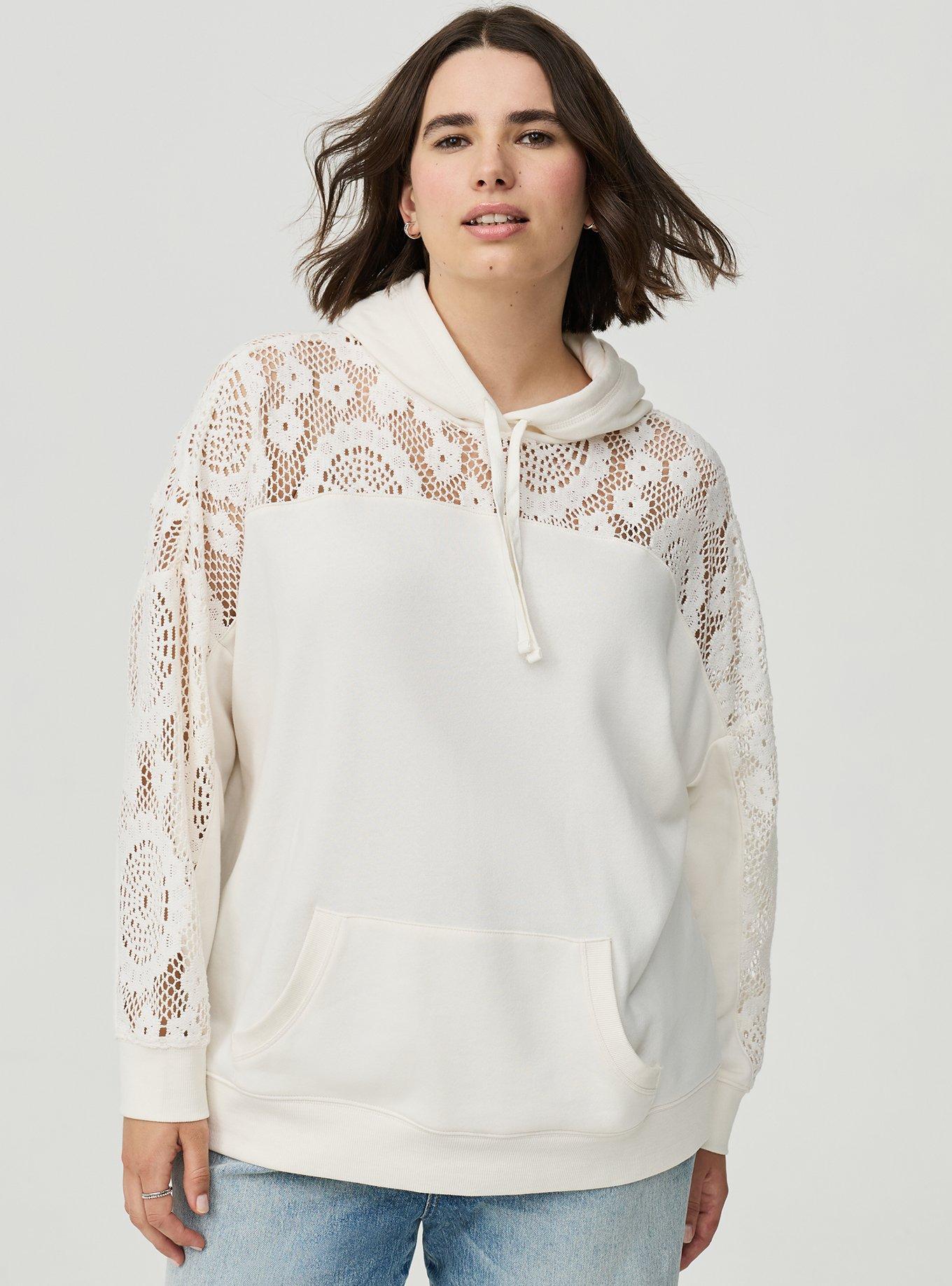 Cozy Fleece Relaxed Crochet Yoke Hoodie, WHISPER WHITE, hi-res