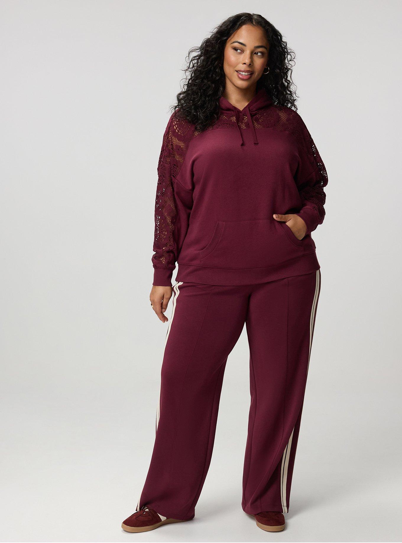 Cozy Fleece Relaxed Crochet Yoke Hoodie, MAROON BANNER, alternate