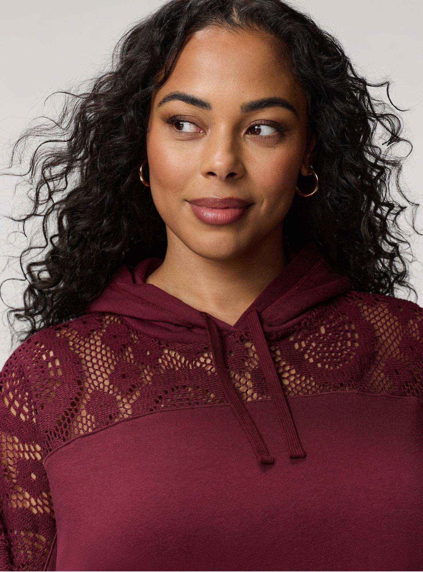 Cozy Fleece Relaxed Crochet Yoke Hoodie, MAROON BANNER, alternate