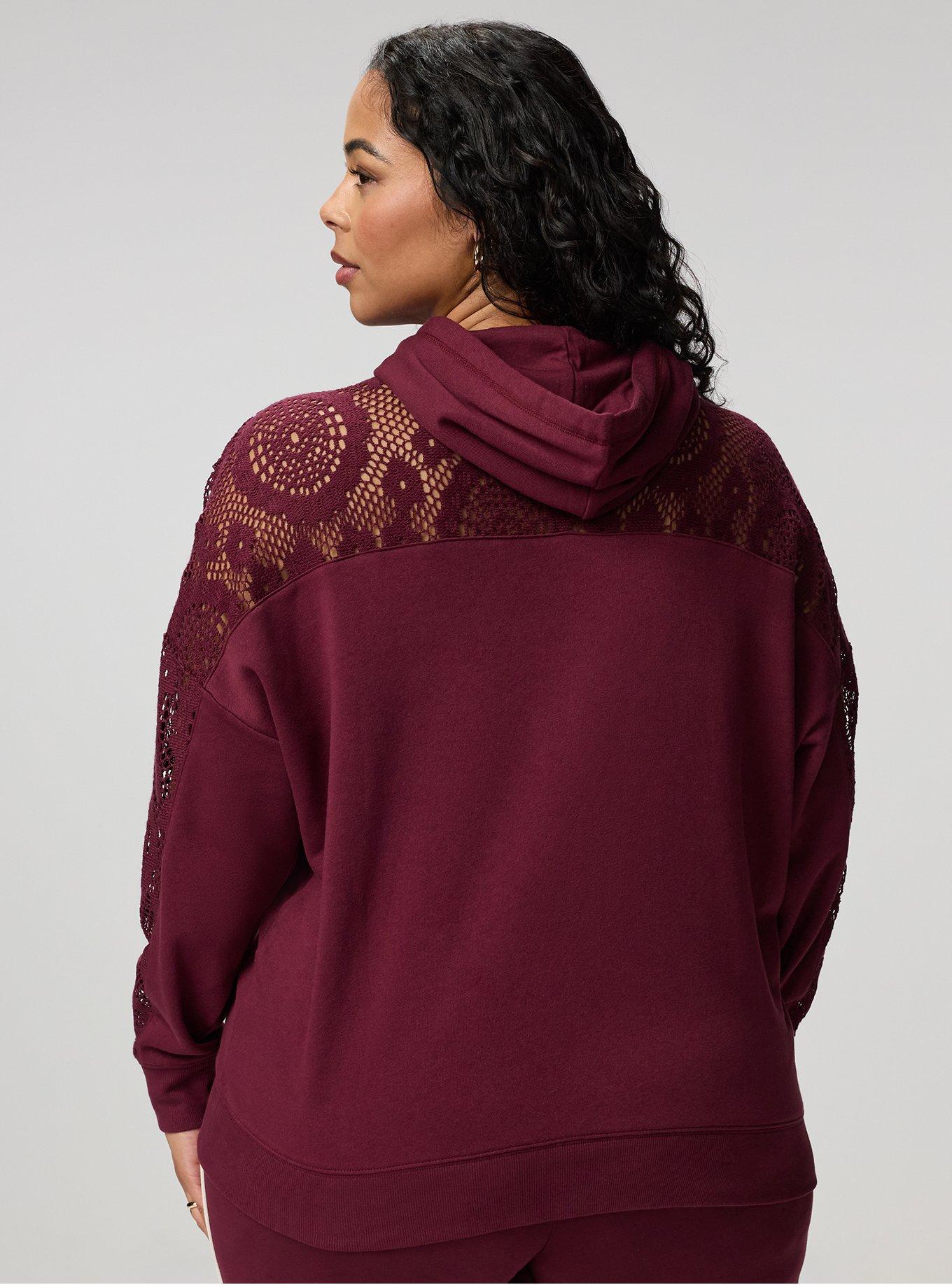 Cozy Fleece Relaxed Crochet Yoke Hoodie, MAROON BANNER, alternate