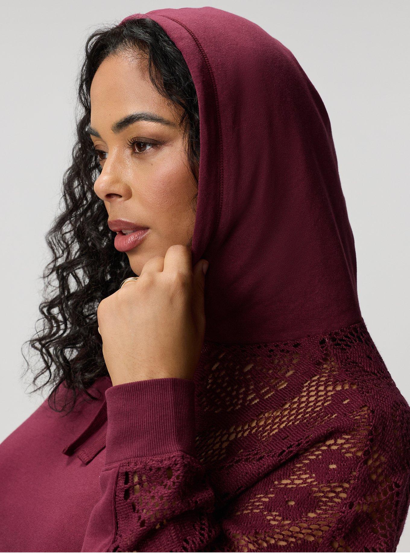 Cozy Fleece Relaxed Crochet Yoke Hoodie, MAROON BANNER, alternate