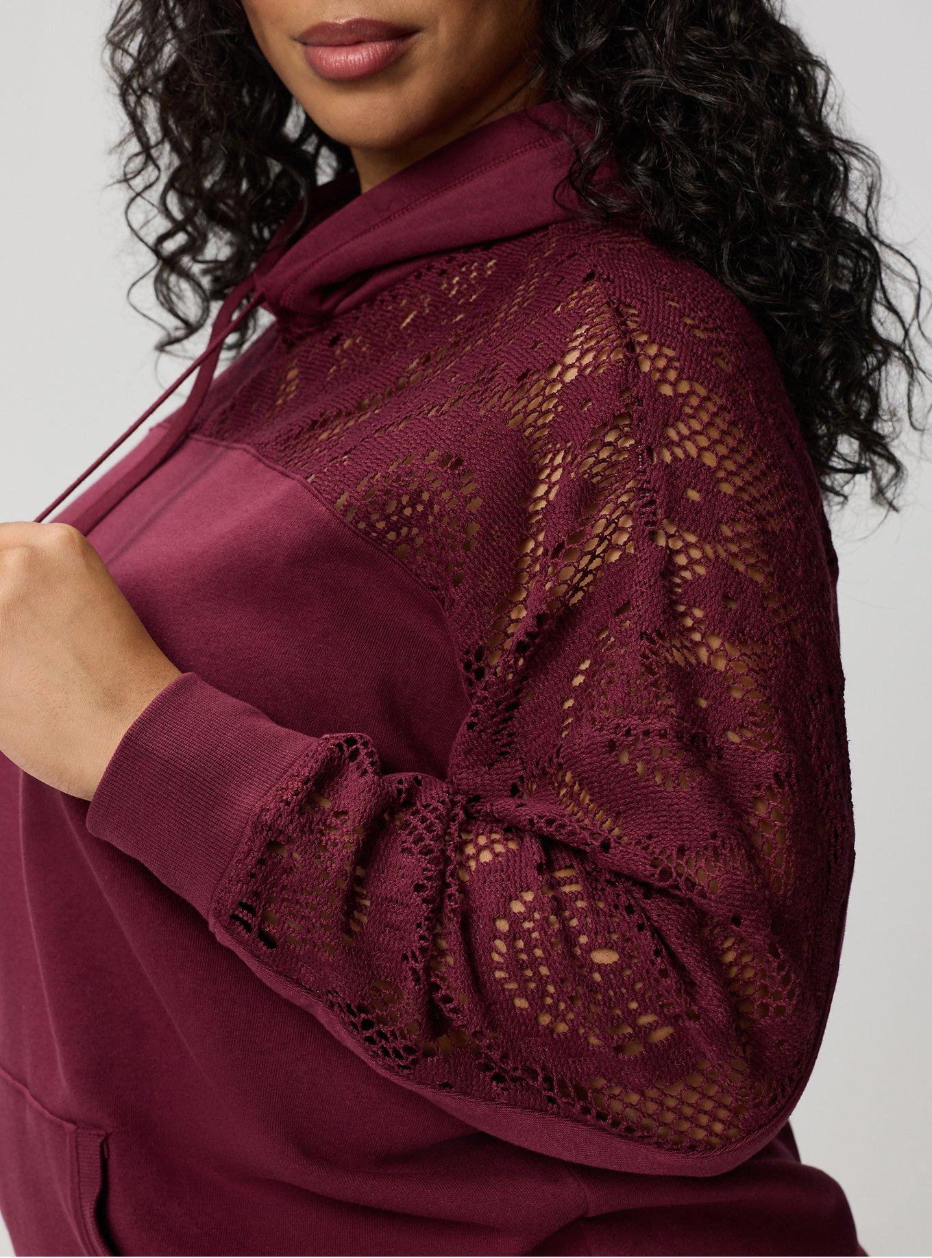 Cozy Fleece Relaxed Crochet Yoke Hoodie, MAROON BANNER, alternate