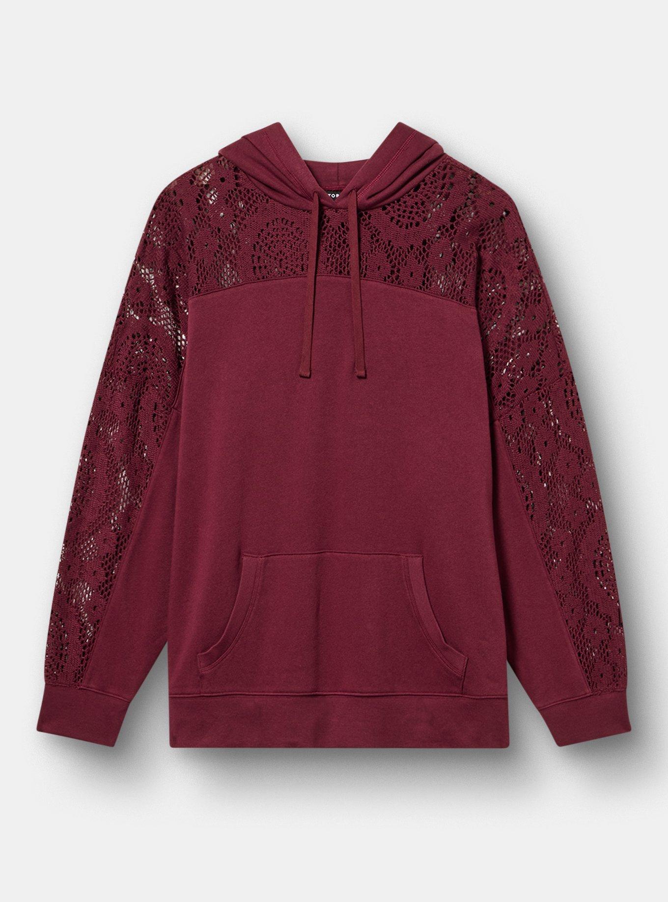 Cozy Fleece Relaxed Crochet Yoke Hoodie, MAROON BANNER, hi-res