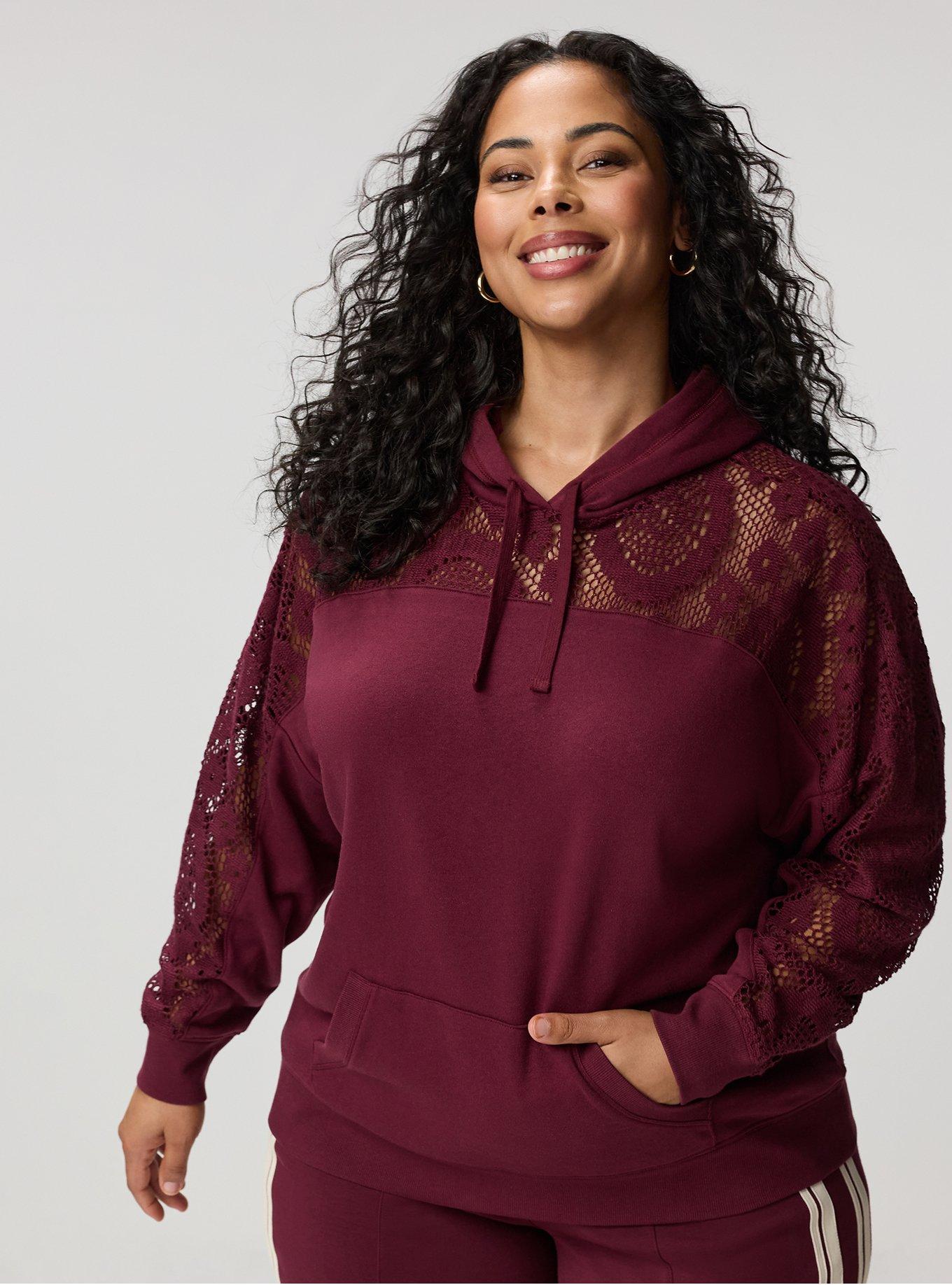 Cozy Fleece Relaxed Crochet Yoke Hoodie, MAROON BANNER, hi-res