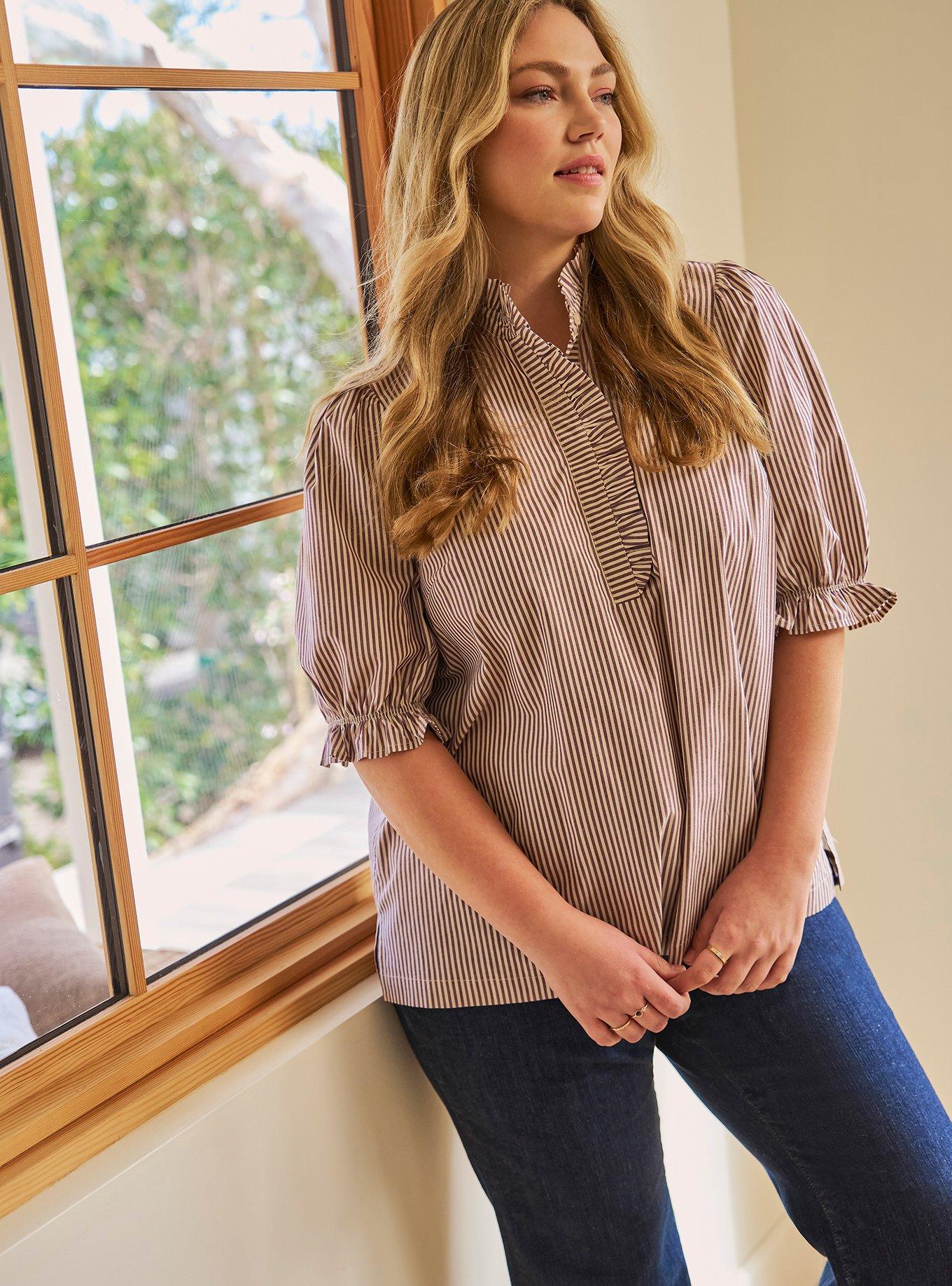 Belle Isle Ruffle Neck Puff Sleeve Top, BELLE WINTER BLOOM WHITE STRIPE, alternate