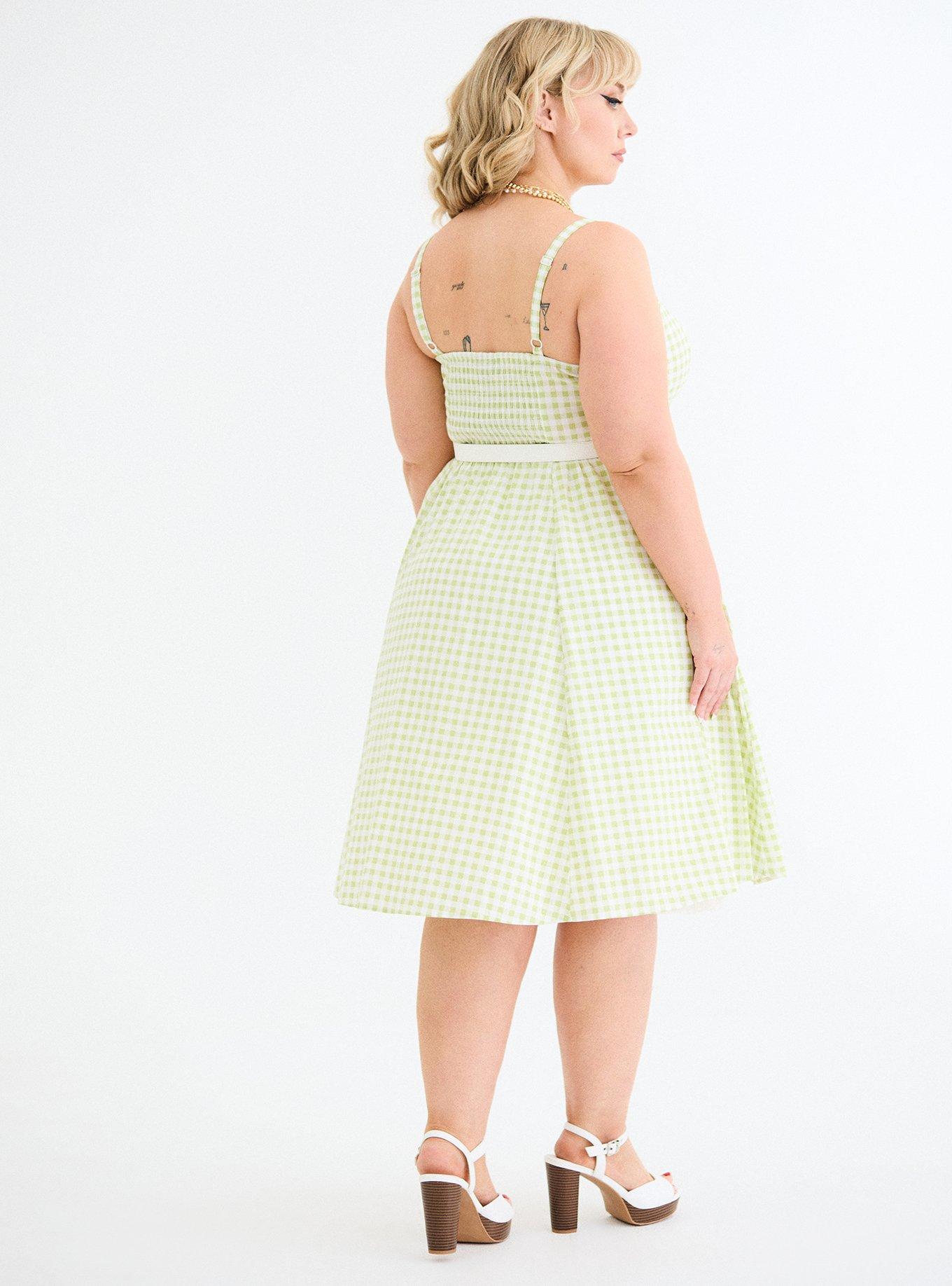 Women's Chic Twist-Front Swing Midi Dress In Lovely Gingham Light Green By Retro At Torrid, Size 12, Plus Size