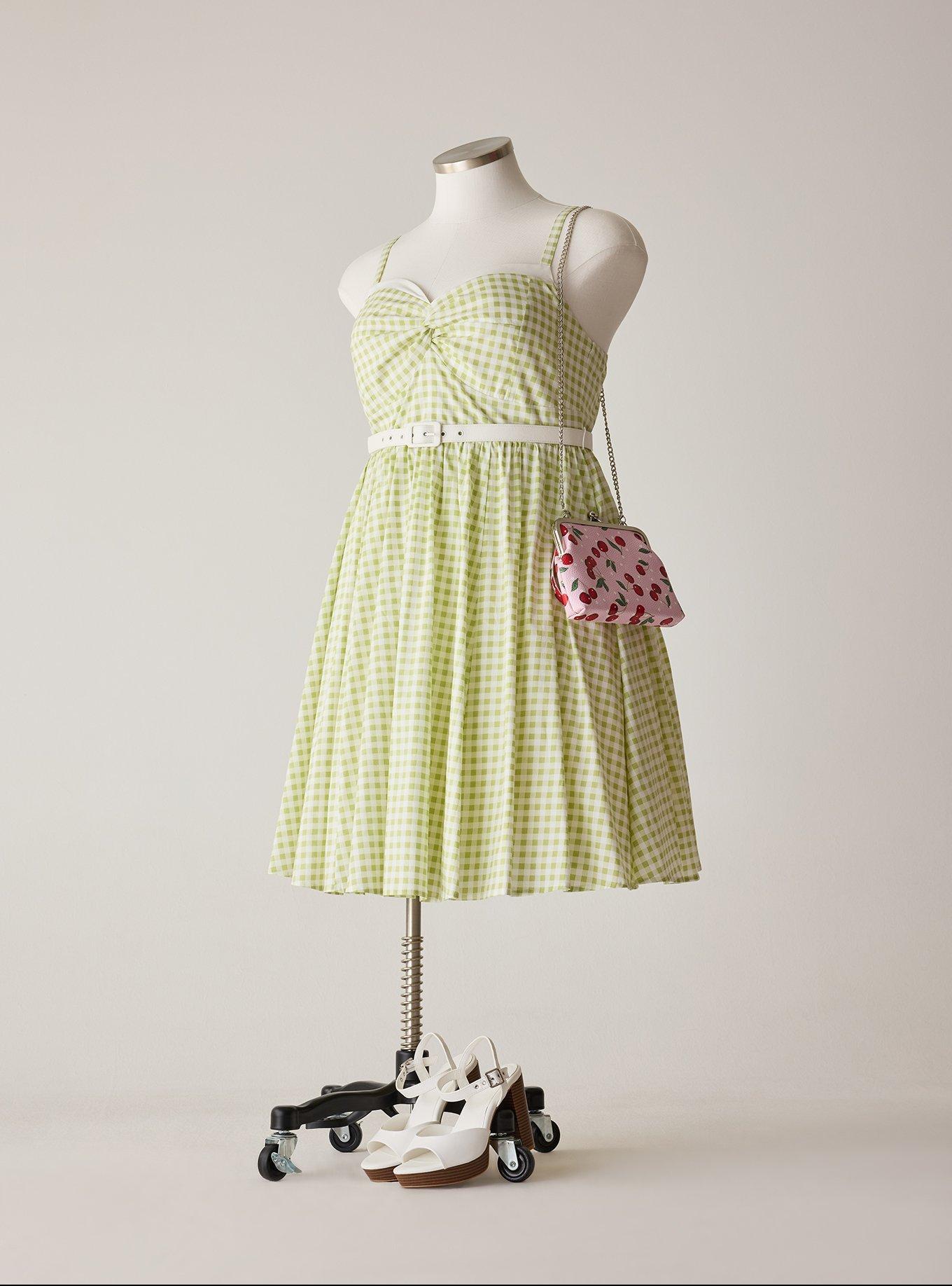 Retro Chic Twist-Front Swing Midi Dress, LOVELY GINGHAM LIGHT GREEN, hi-res