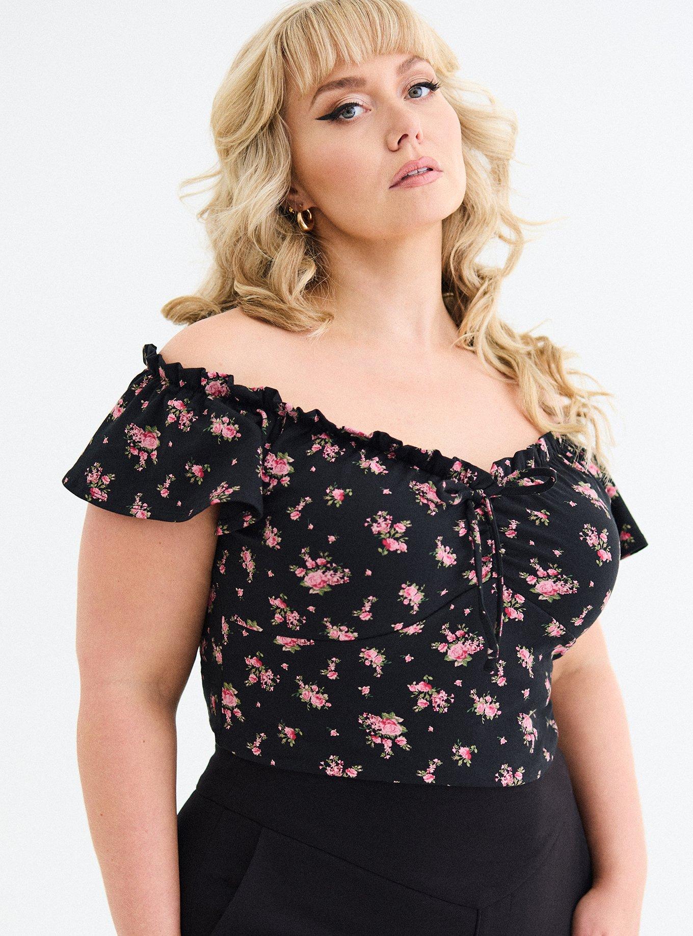 Retro Chic Off-Shoulder Flutter Sleeve Top, ROMY ROSES FLORAL BLACK, alternate