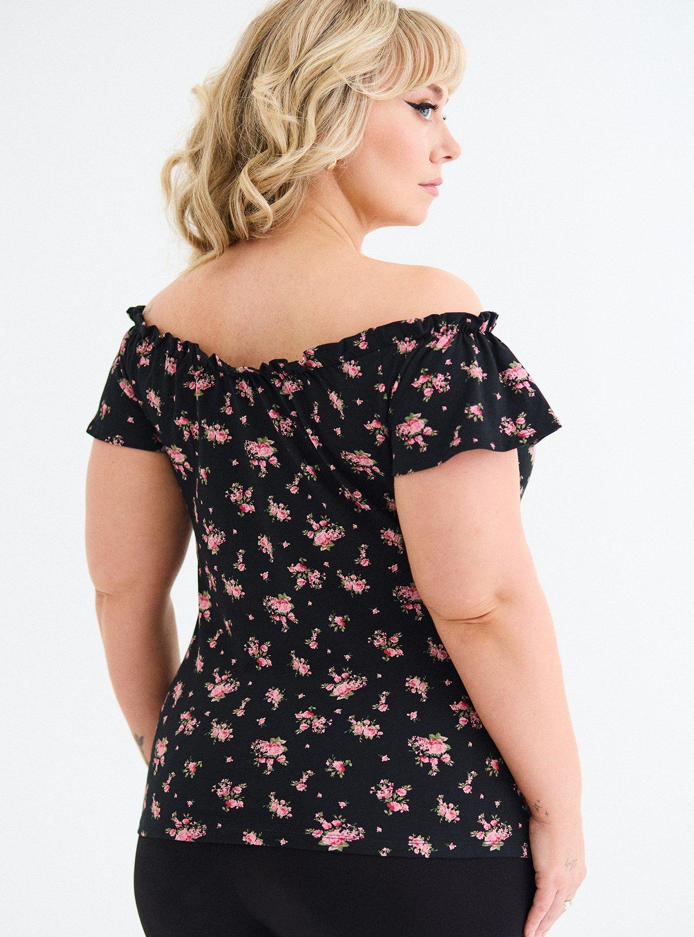 Retro Chic Off-Shoulder Flutter Sleeve Top, ROMY ROSES FLORAL BLACK, alternate