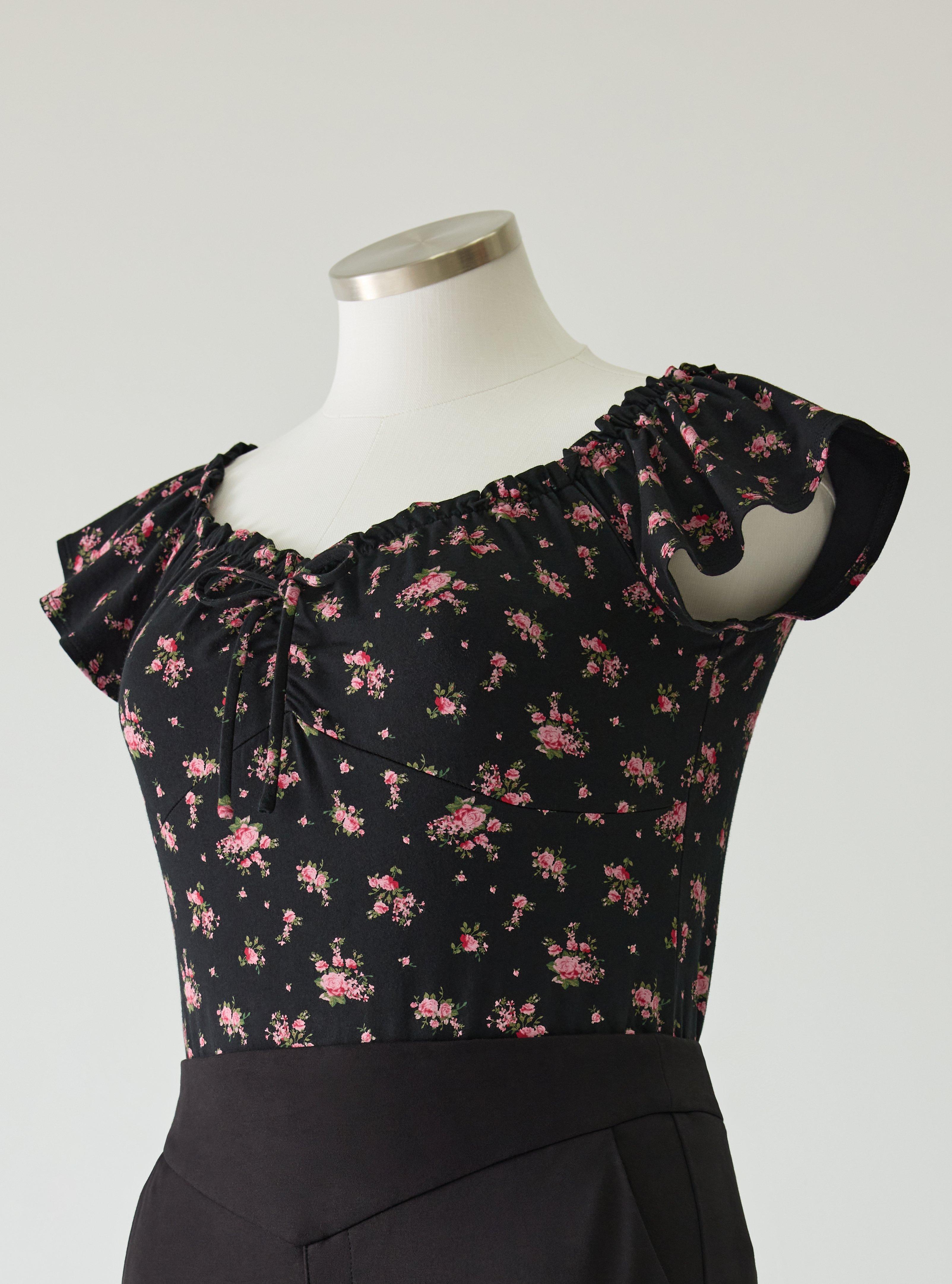Retro Chic Off-Shoulder Flutter Sleeve Top, ROMY ROSES FLORAL BLACK, hi-res