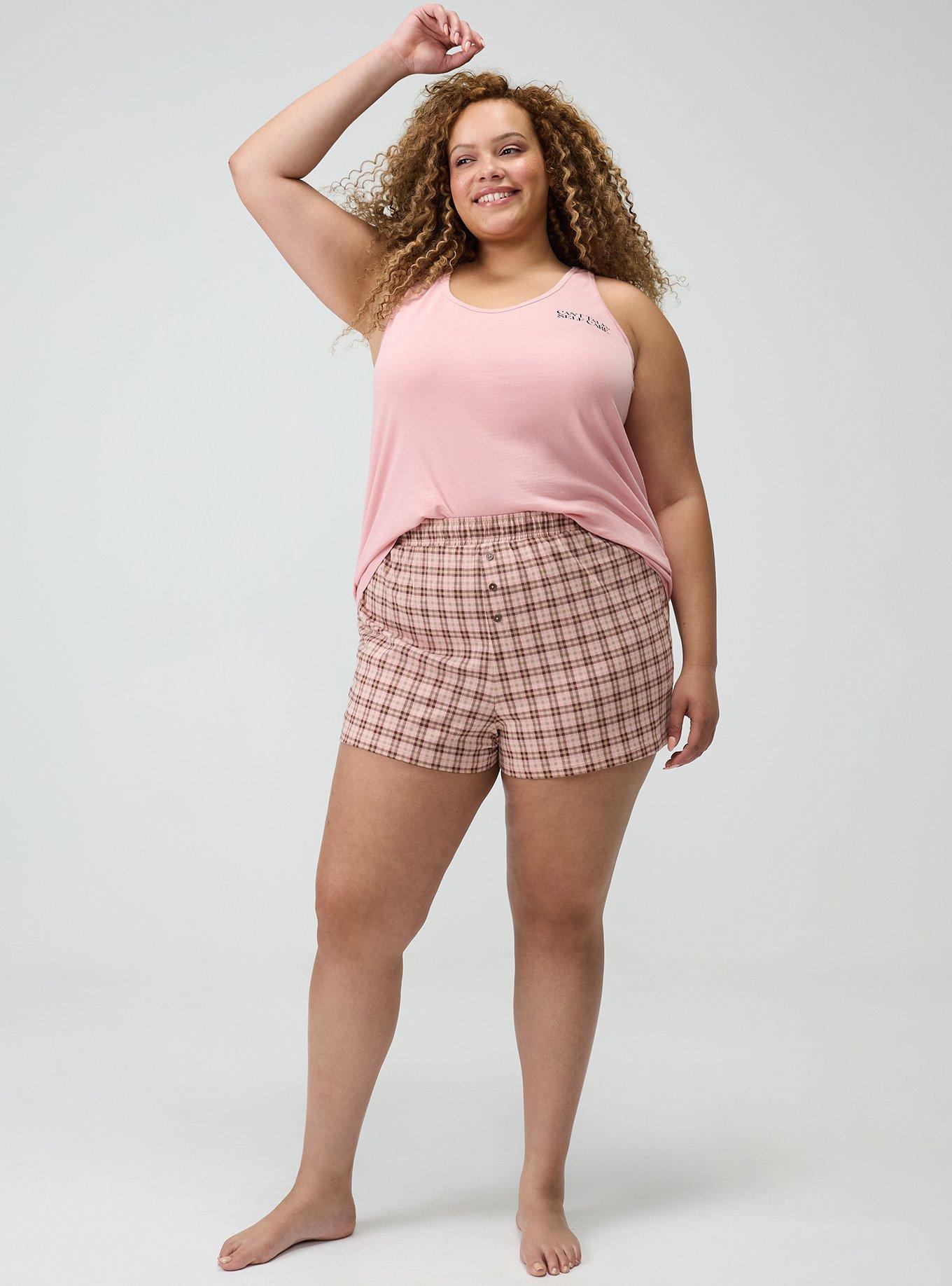 Plus Size Cotton Sleep Short, BELLS PLAID PINK, hi-res
