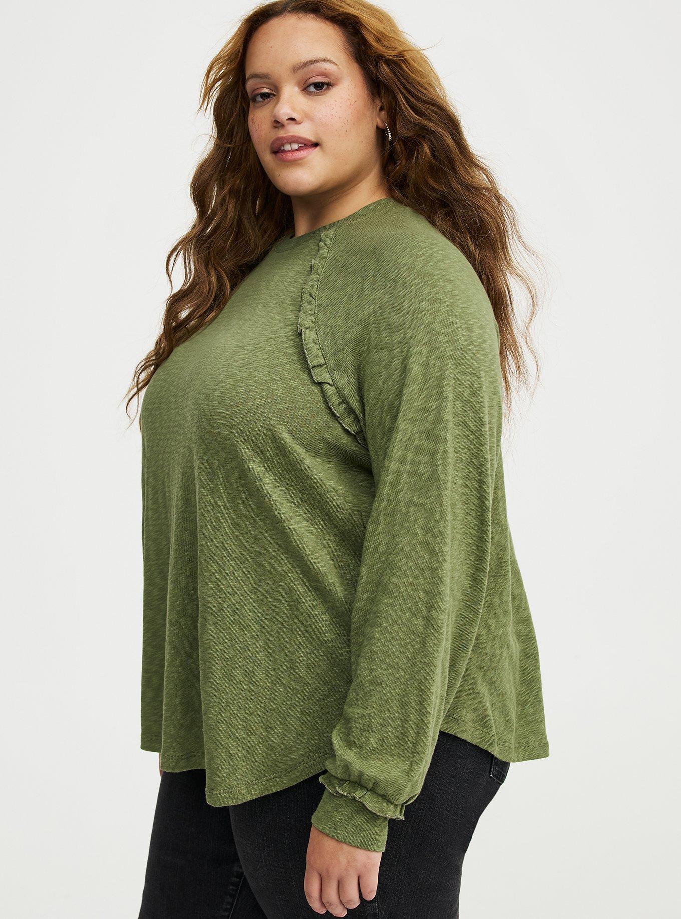 Slub Knit Ruffle Top, OLIVINE, alternate