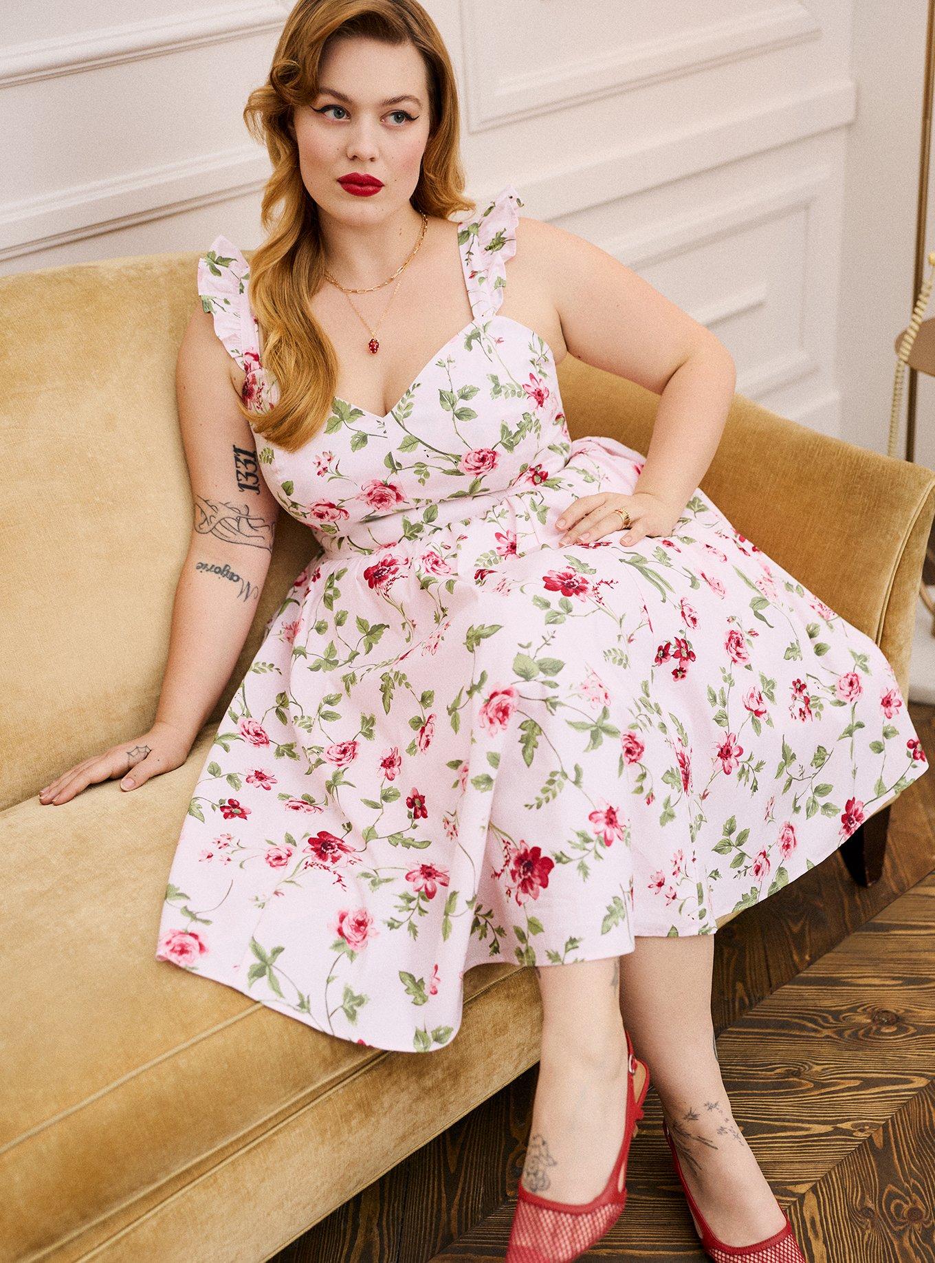 Retro Chic Flutter Sleeve Poplin Midi Dress, SISTER FLORAL SMALL PINK, hi-res