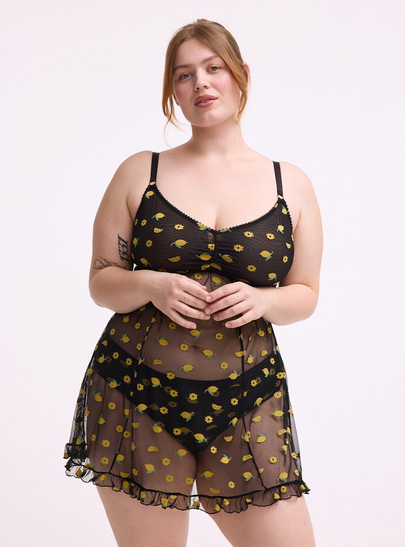 Pretty Lemons Fit & Flare Wireless Babydoll Top, LEMONS FAUX EMBROIDERY BLACK, hi-res