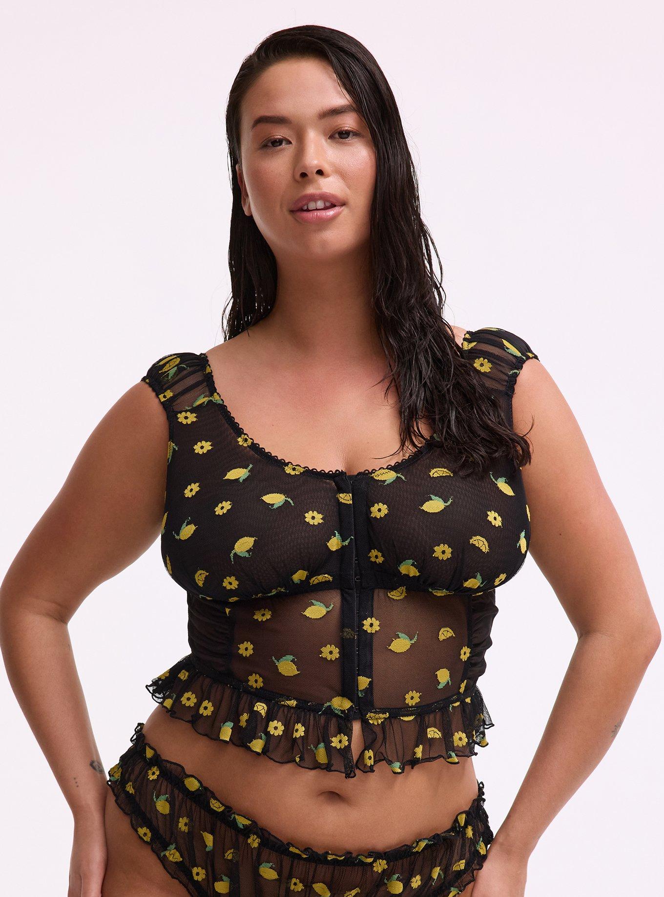 Pretty Lemons Wire-Free Bustier, LEMONS FAUX EMBROIDERY BLACK, hi-res