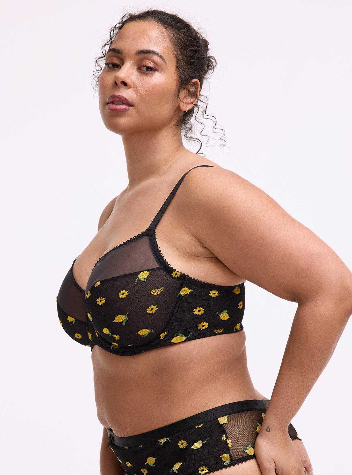 Balconette Unlined Mesh Embroidery Bra, LEMONS FAUX EMBROIDERY BLACK, alternate