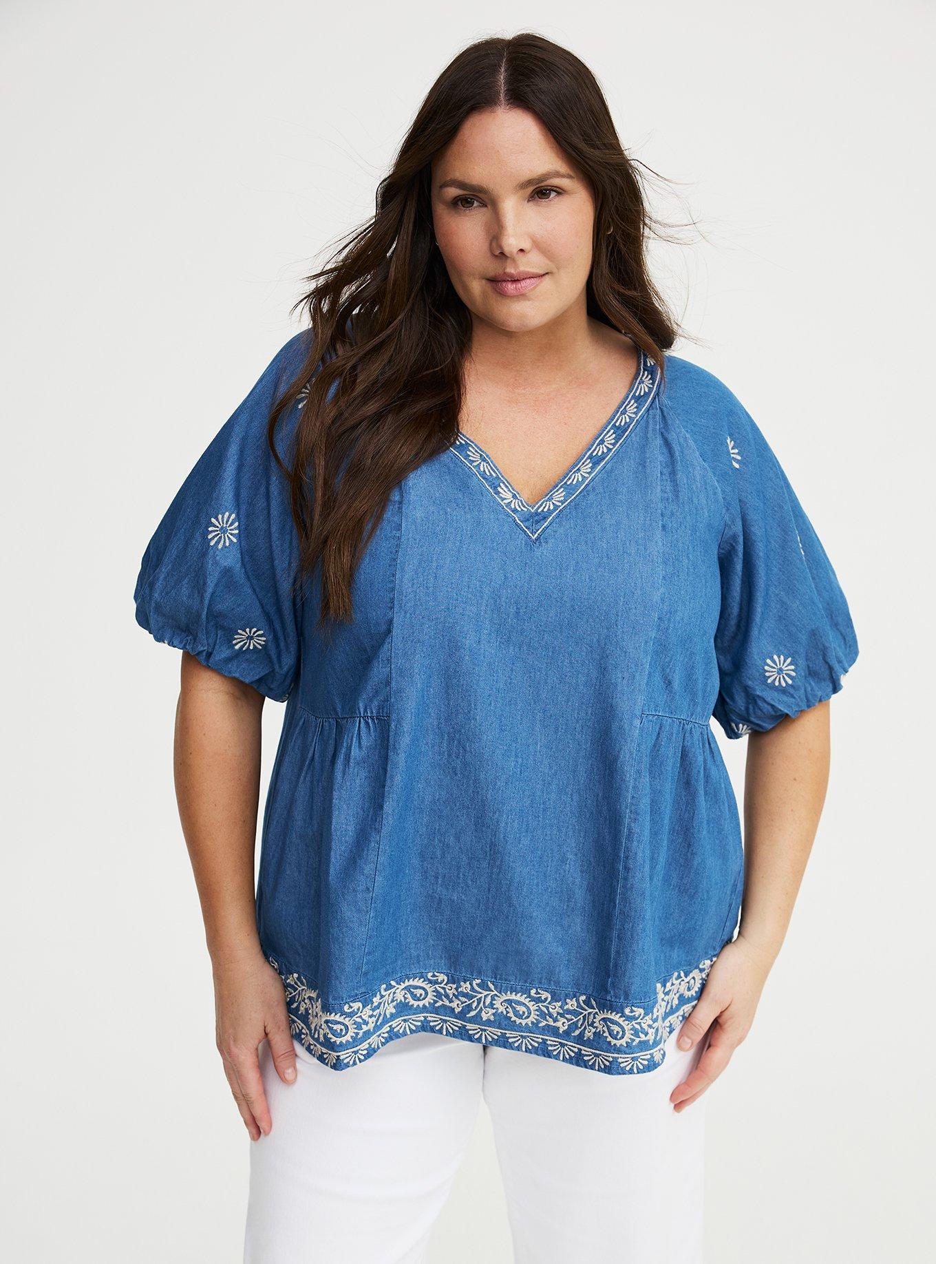 Belle Isle Chambray Bubble Sleeve Top, CHAMBRAY, hi-res