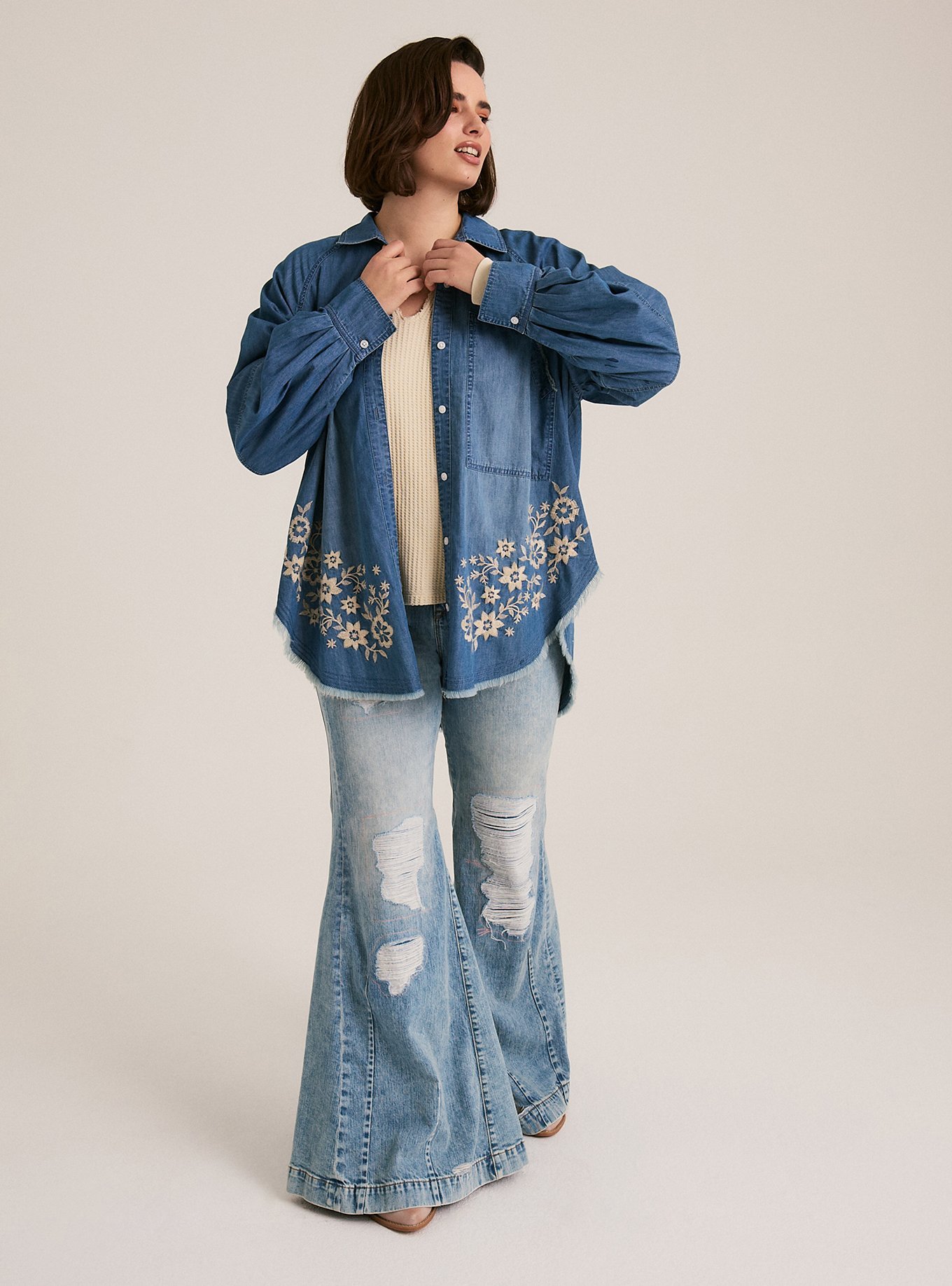 Plus Size - Festi Floral Flocked Relaxed Denim Tunic - Torrid