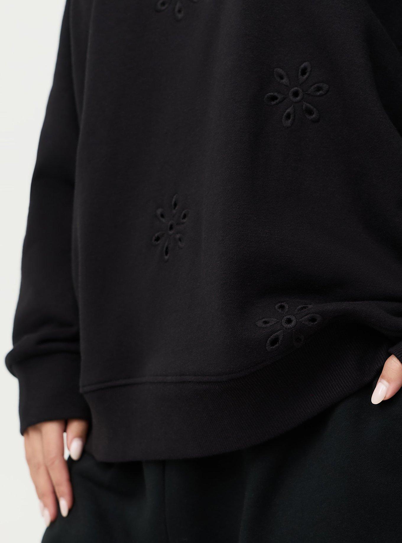 Eyelet Relaxed Sweatshirt, DEEP BLACK, alternate