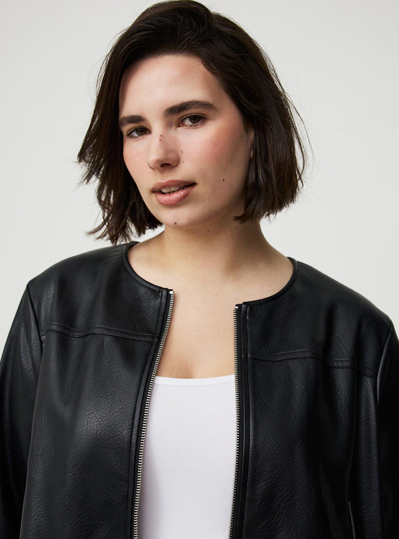 Faux Leather Collarless Moto Jacket, DEEP BLACK, alternate