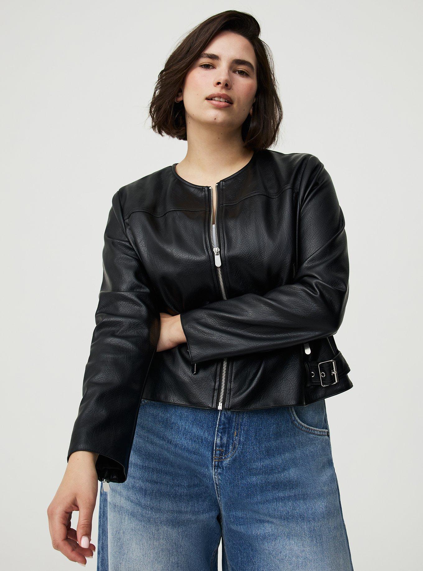 Faux Leather Collarless Moto Jacket, DEEP BLACK, alternate