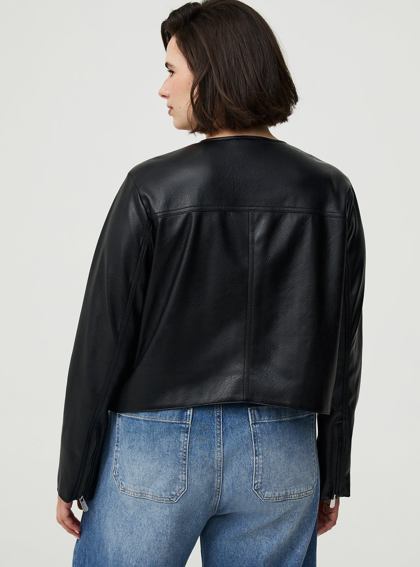 Faux Leather Collarless Moto Jacket, DEEP BLACK, alternate