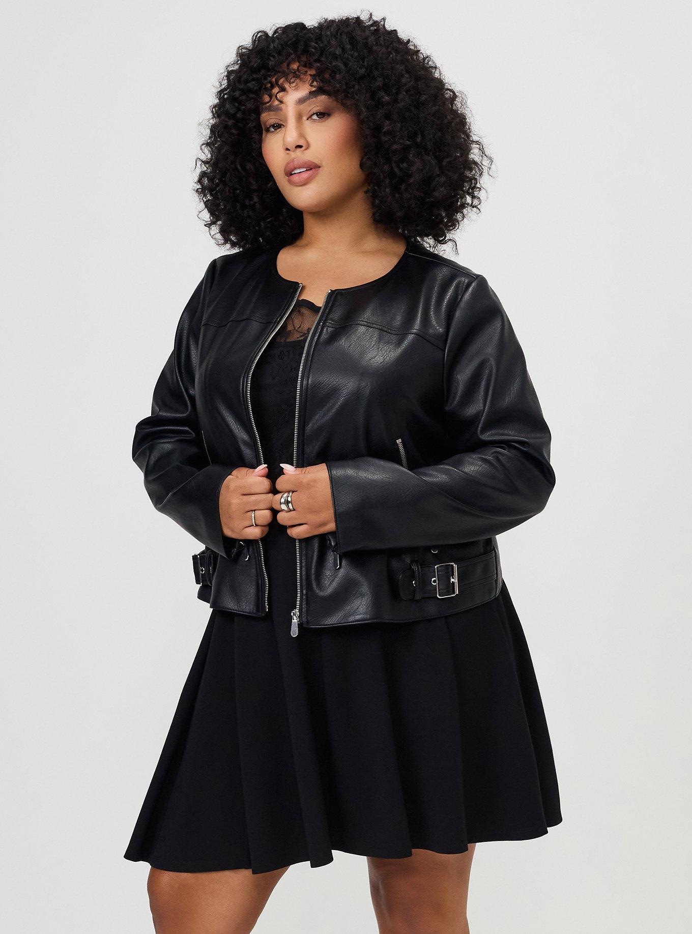 Faux Leather Collarless Moto Jacket, DEEP BLACK, alternate