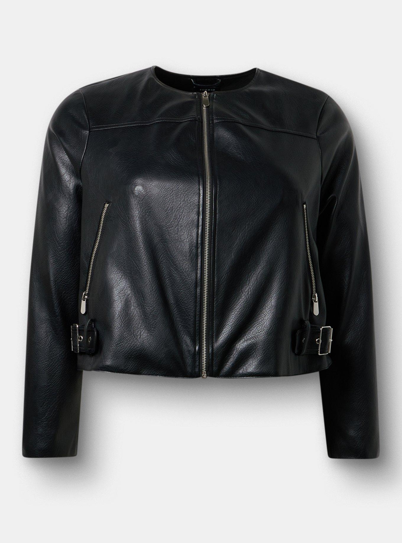 Faux Leather Collarless Moto Jacket, DEEP BLACK, hi-res