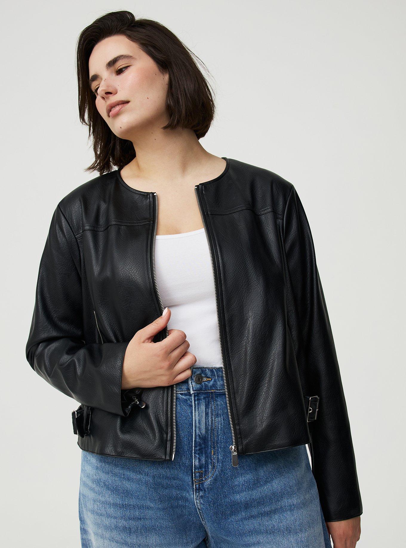 Plus Size Faux Leather Collarless Moto Jacket, DEEP BLACK, hi-res