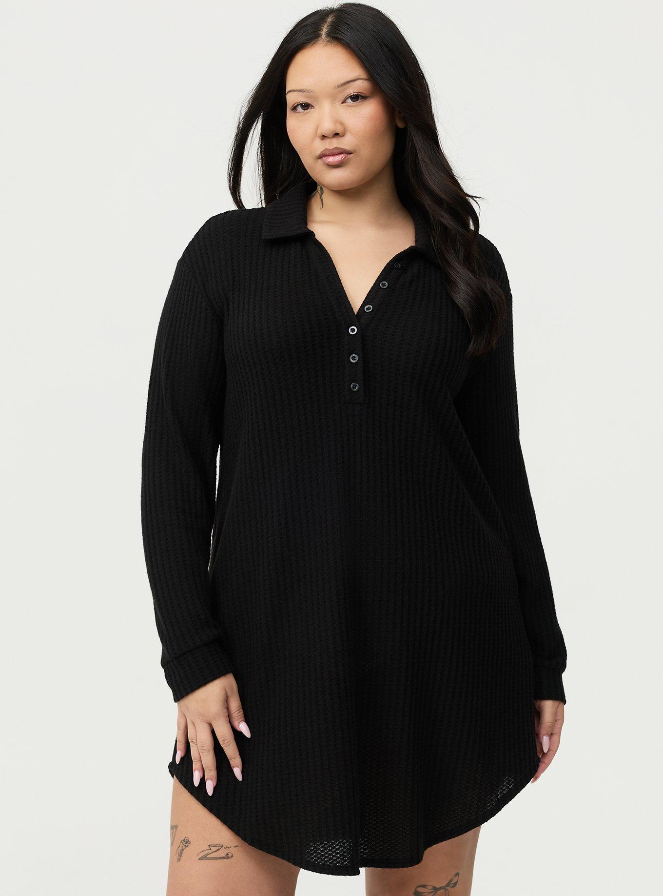Plus Size Super Soft Plush Waffle Henley Lounge Dress, DEEP BLACK, hi-res