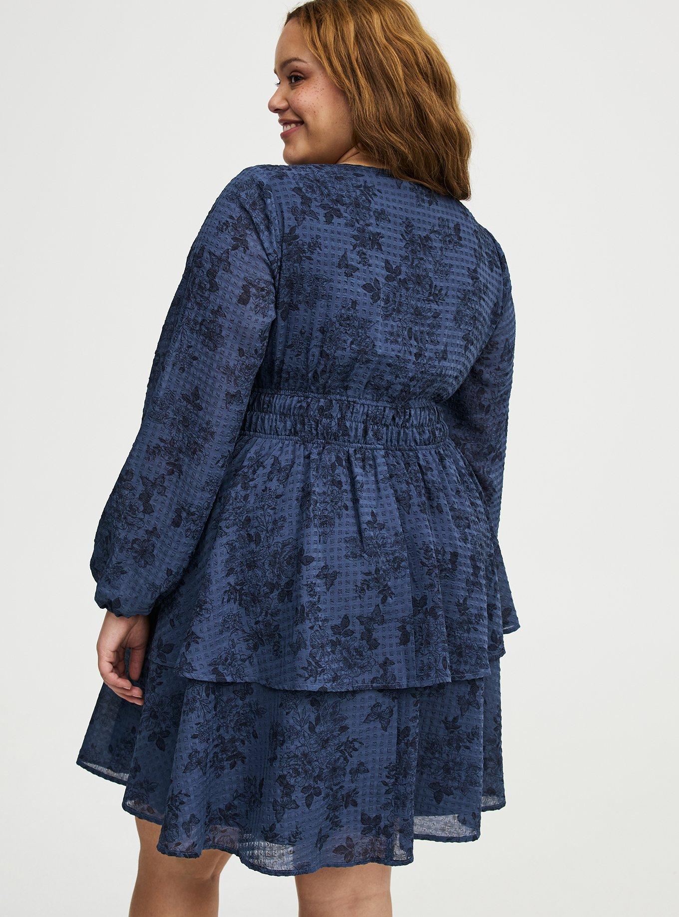 Women's Smocked Waist Tiered Mini Dress In Stamped Floral Navy, Size 30, Plus Size By Torrid