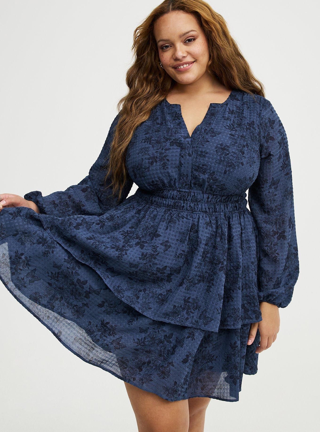 Plus Size Smocked Waist Tiered Mini Dress, STAMPED FLORAL NAVY, hi-res