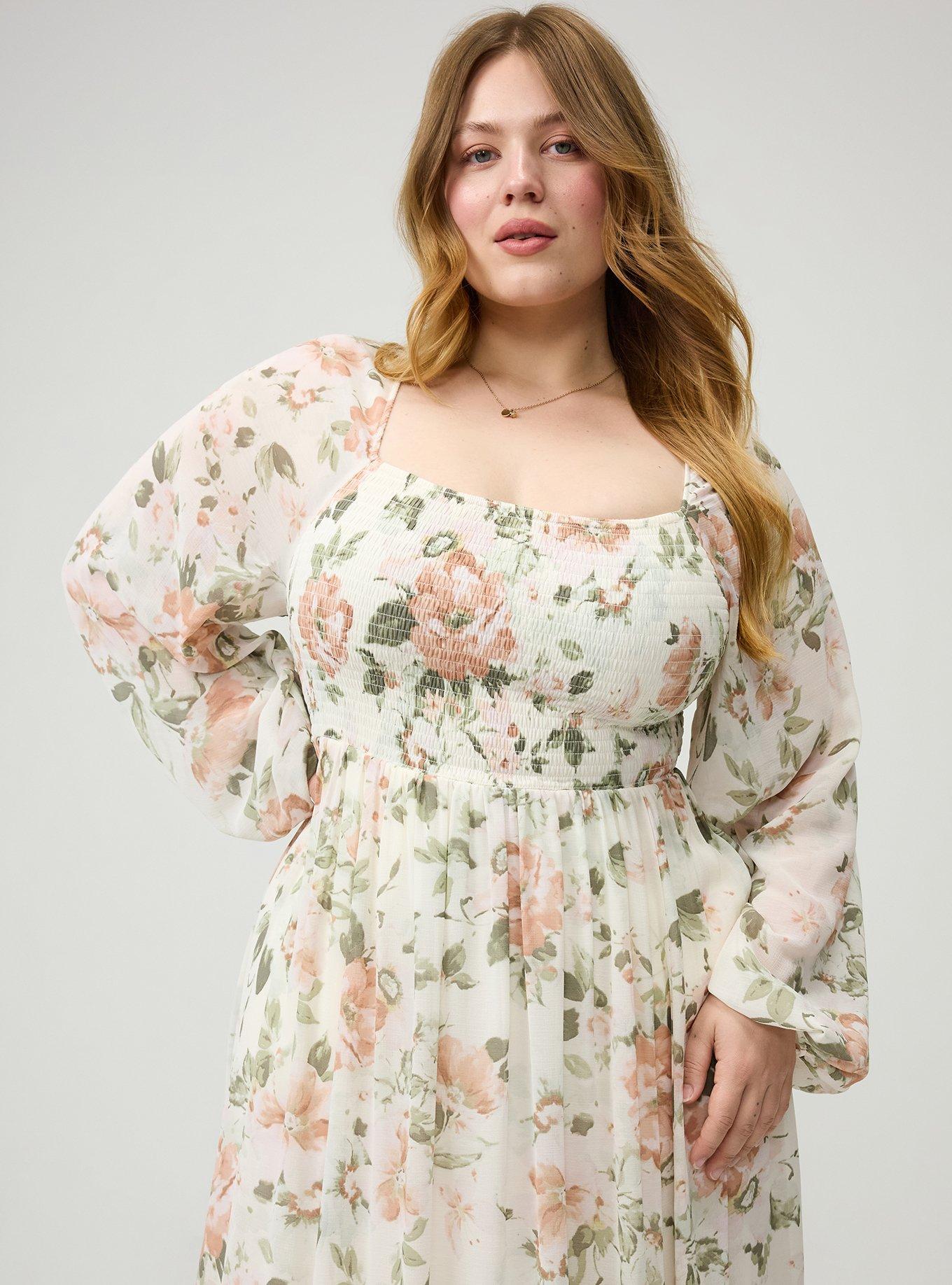 Smocked Bodice Tiered Midi Dress, LIGHT MOOD FLORAL WHISPER WHITE, alternate