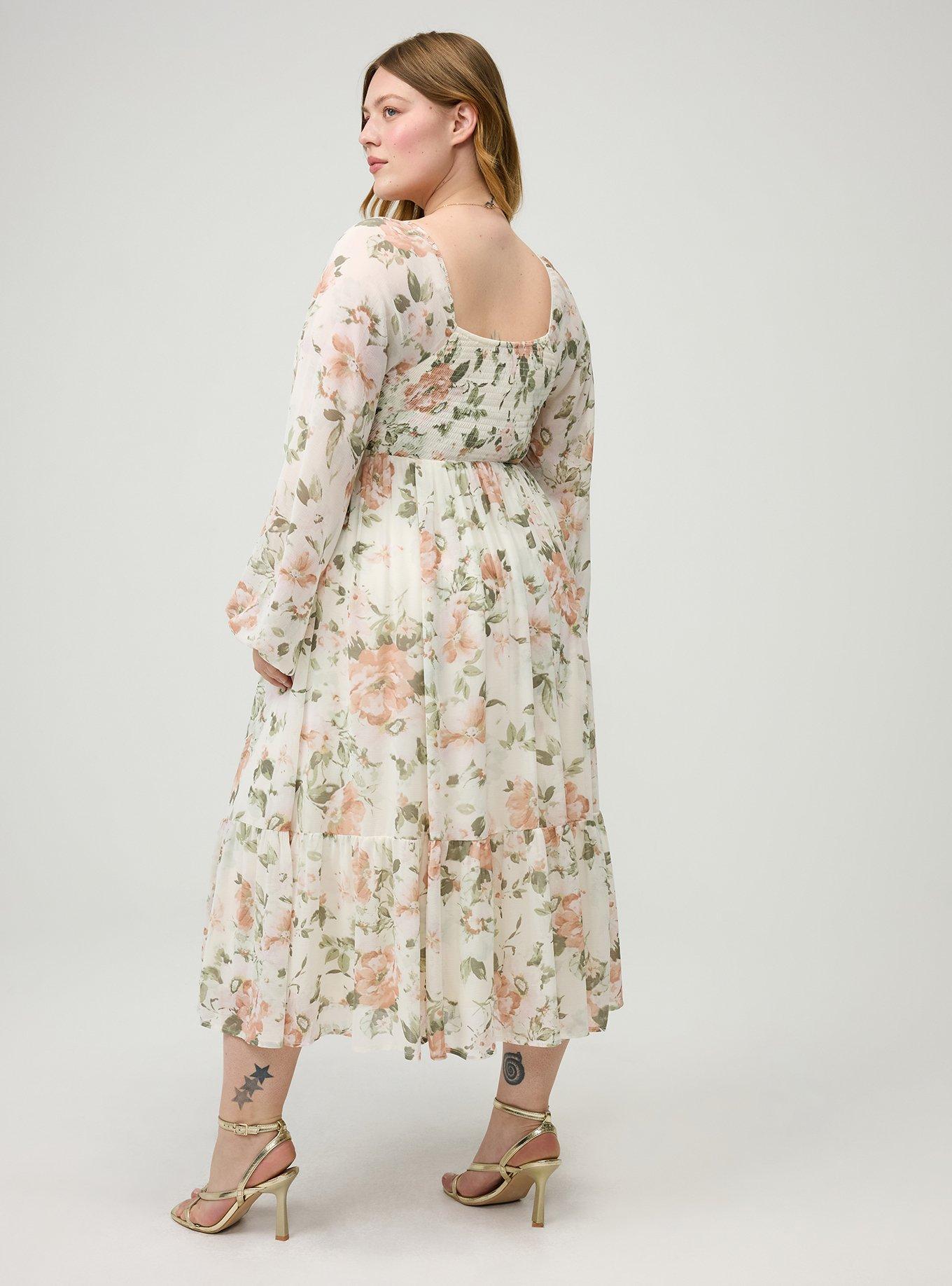 Smocked Bodice Tiered Midi Dress, LIGHT MOOD FLORAL WHISPER WHITE, alternate