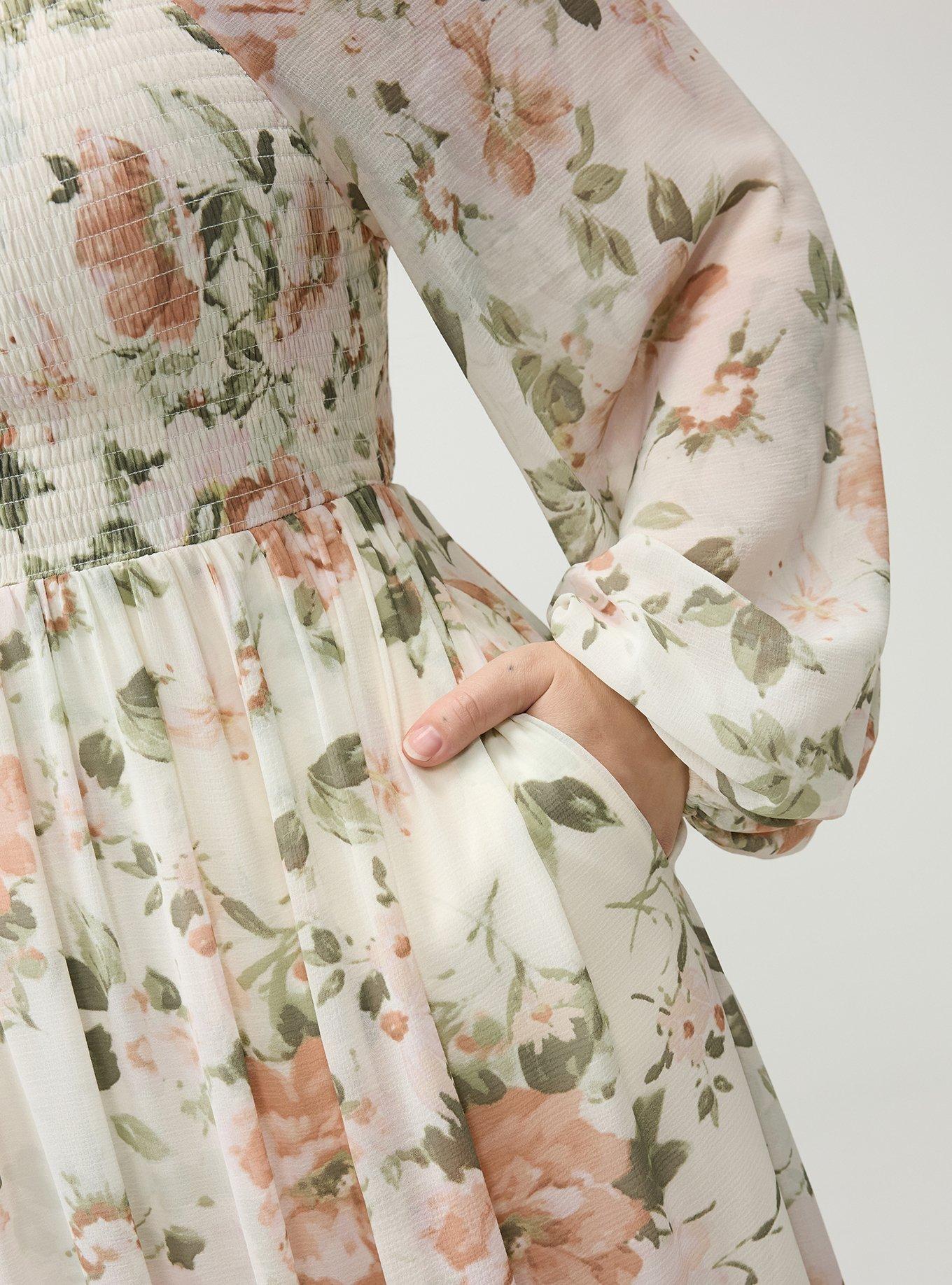 Smocked Bodice Tiered Midi Dress, LIGHT MOOD FLORAL WHISPER WHITE, alternate