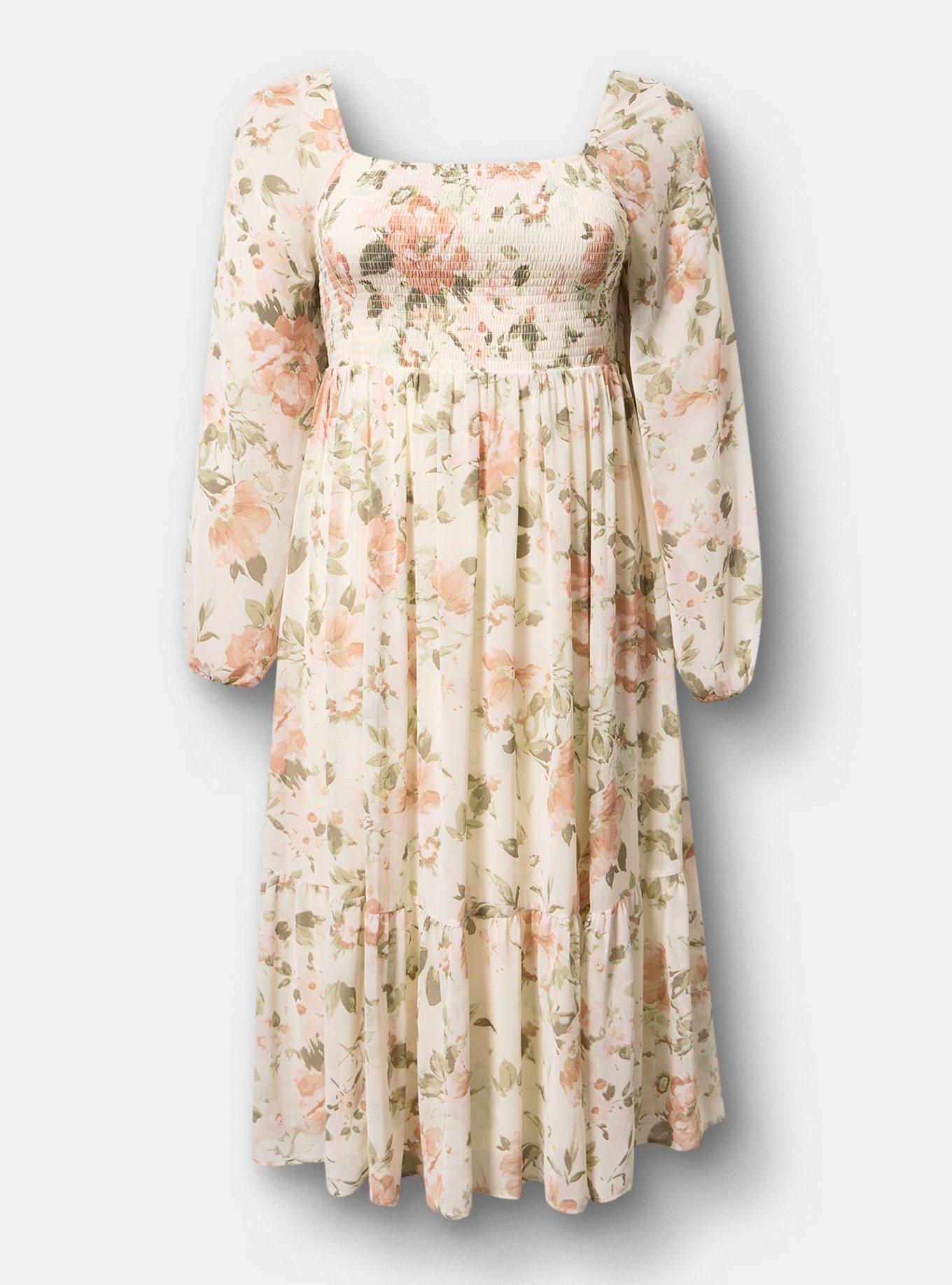 Smocked Bodice Tiered Midi Dress, LIGHT MOOD FLORAL WHISPER WHITE, flat