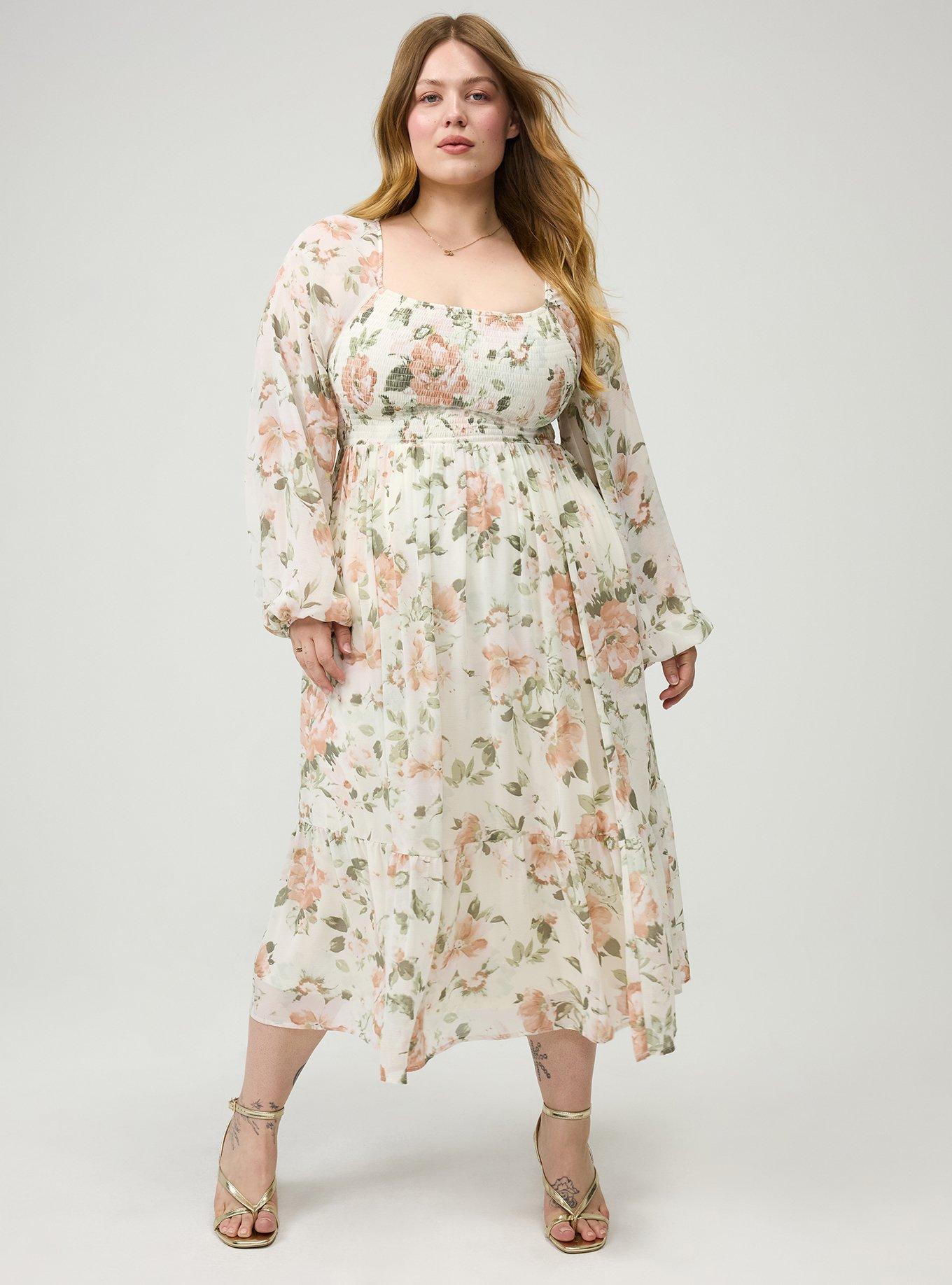 Smocked Bodice Tiered Midi Dress, LIGHT MOOD FLORAL WHISPER WHITE, hi-res