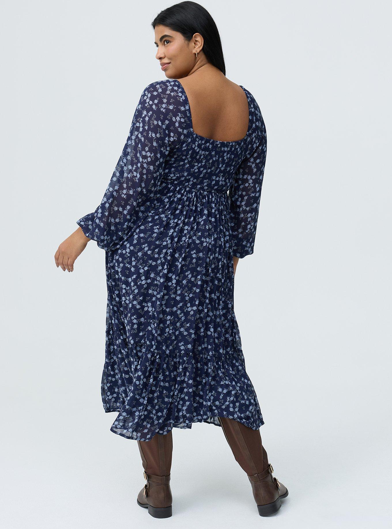 Smocked Bodice Tiered Midi Dress, RENA DITSY FLORAL NAVY, alternate