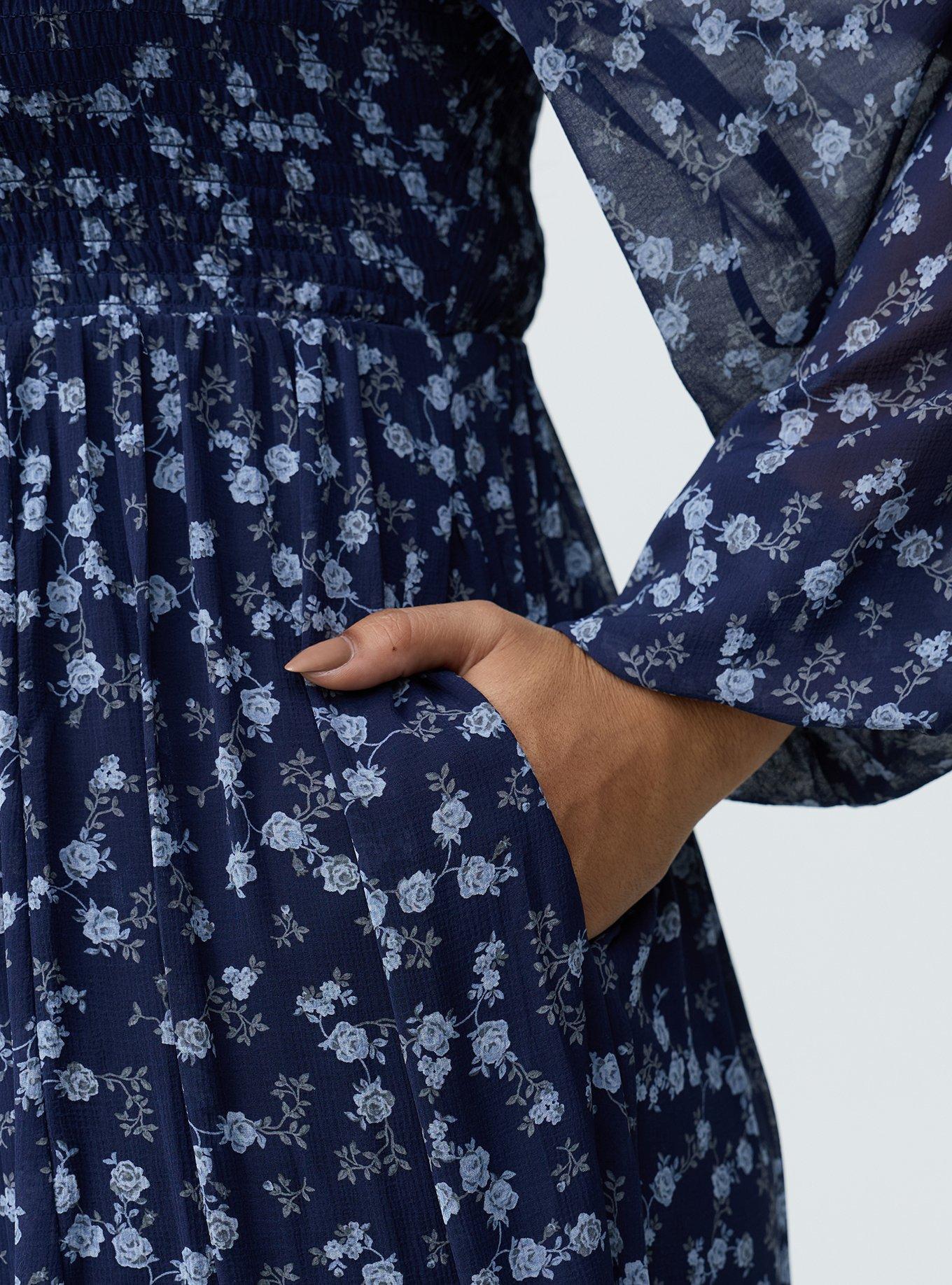 Smocked Bodice Tiered Midi Dress, RENA DITSY FLORAL NAVY, alternate