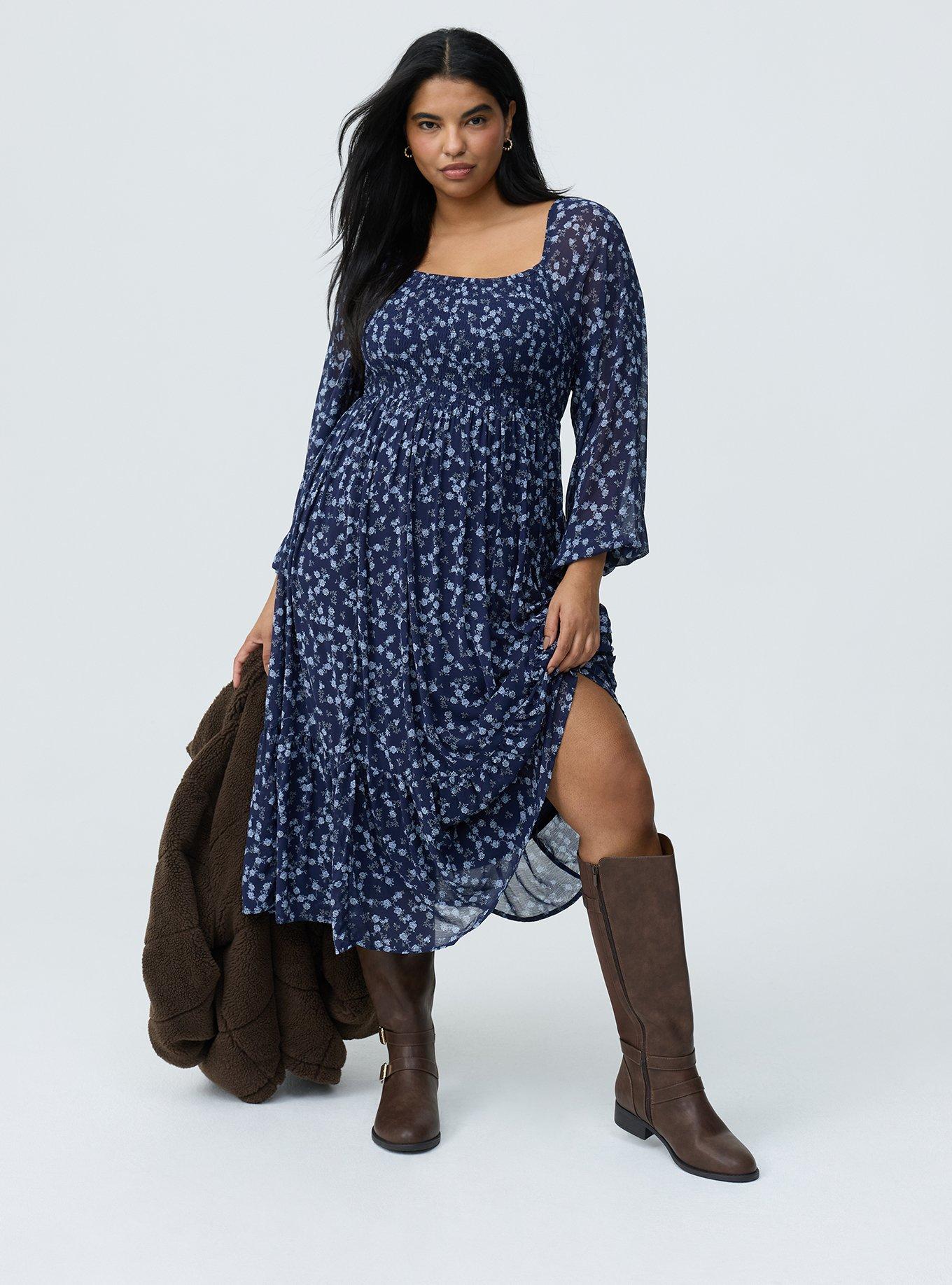 Smocked Bodice Tiered Midi Dress, RENA DITSY FLORAL NAVY, alternate